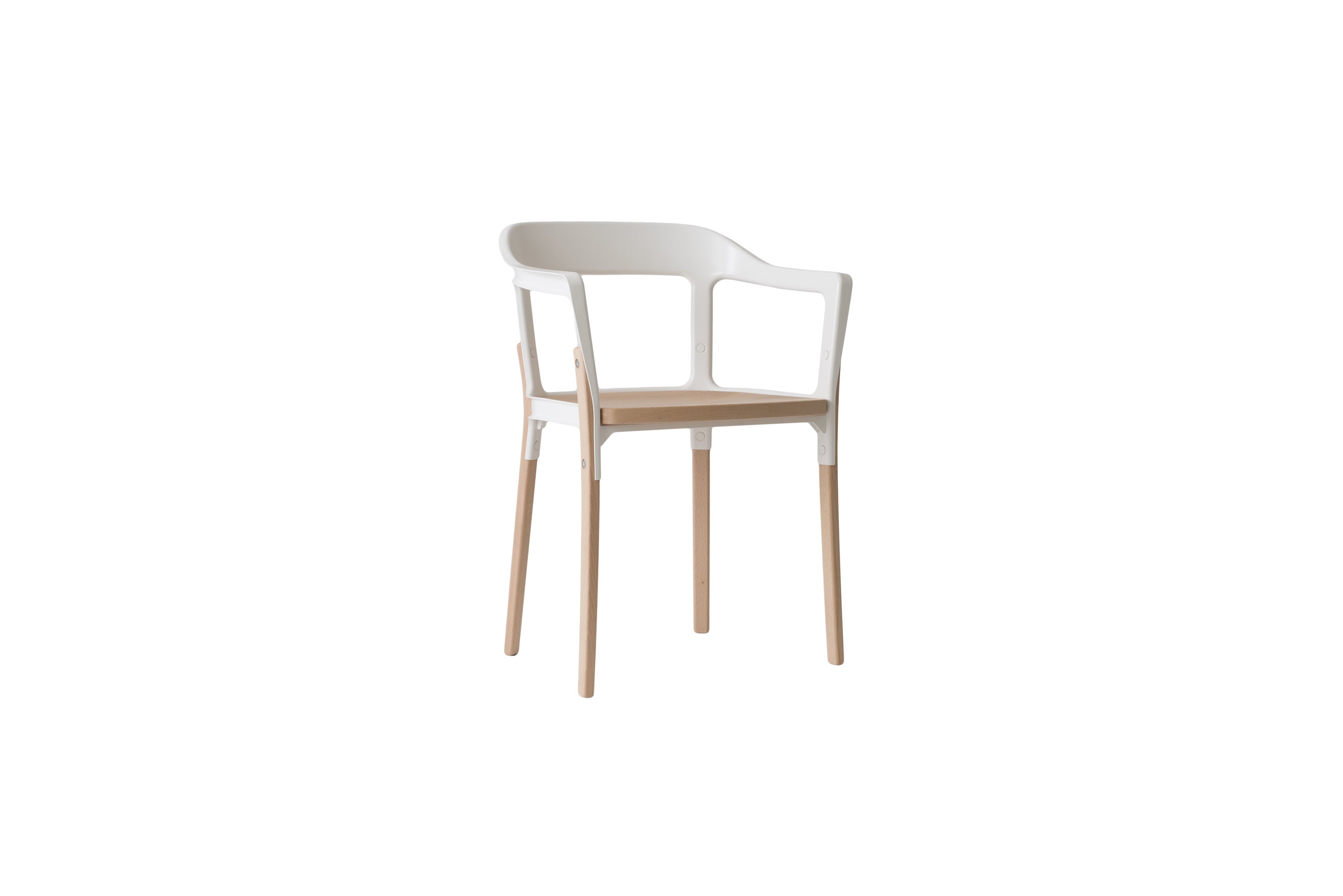 Sedia Steelwood Chair Magis bianca e faggio, seduta con braccioli, vista laterale