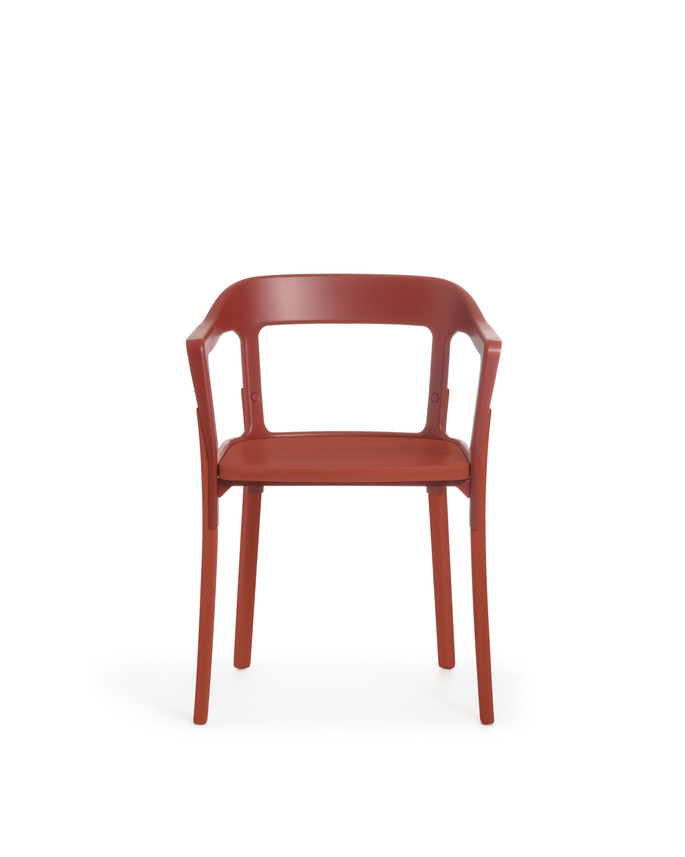 Sedia Steelwood Magis rossa con braccioli, vista tre quarti, versione full color