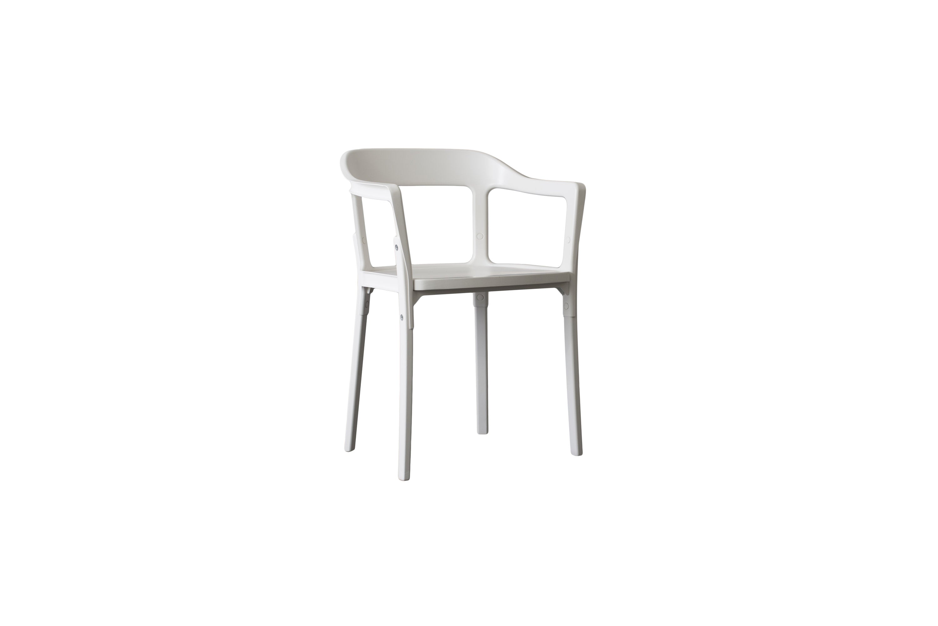 Sedia Steelwood Magis bianca con braccioli, vista tre quarti, versione full color