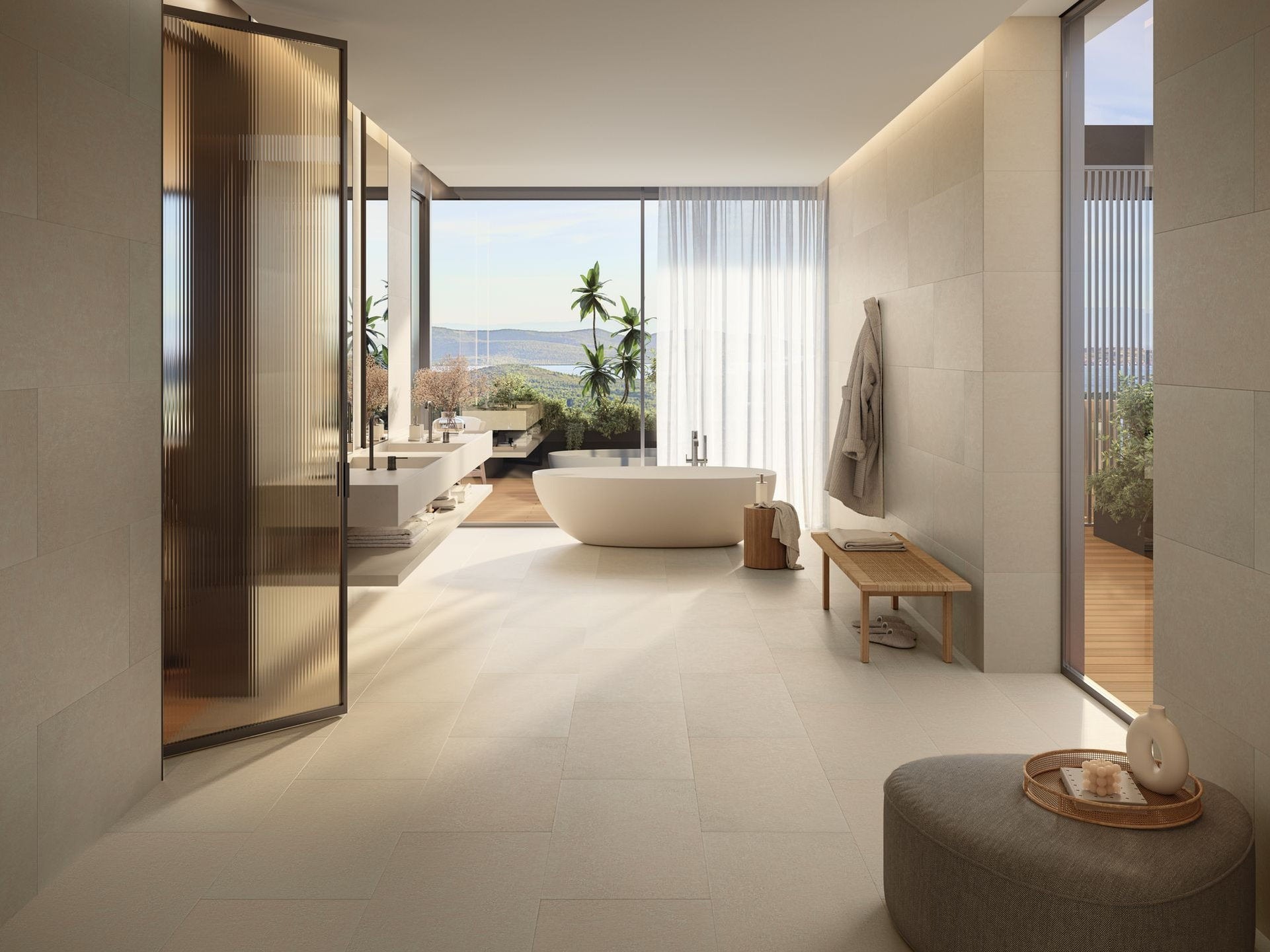 Ampio bagno contemporaneo con vasca freestanding, rivestito a pavimento e parete con SPC Skema StarKD Cardiff, luce naturale e arredo minimal.