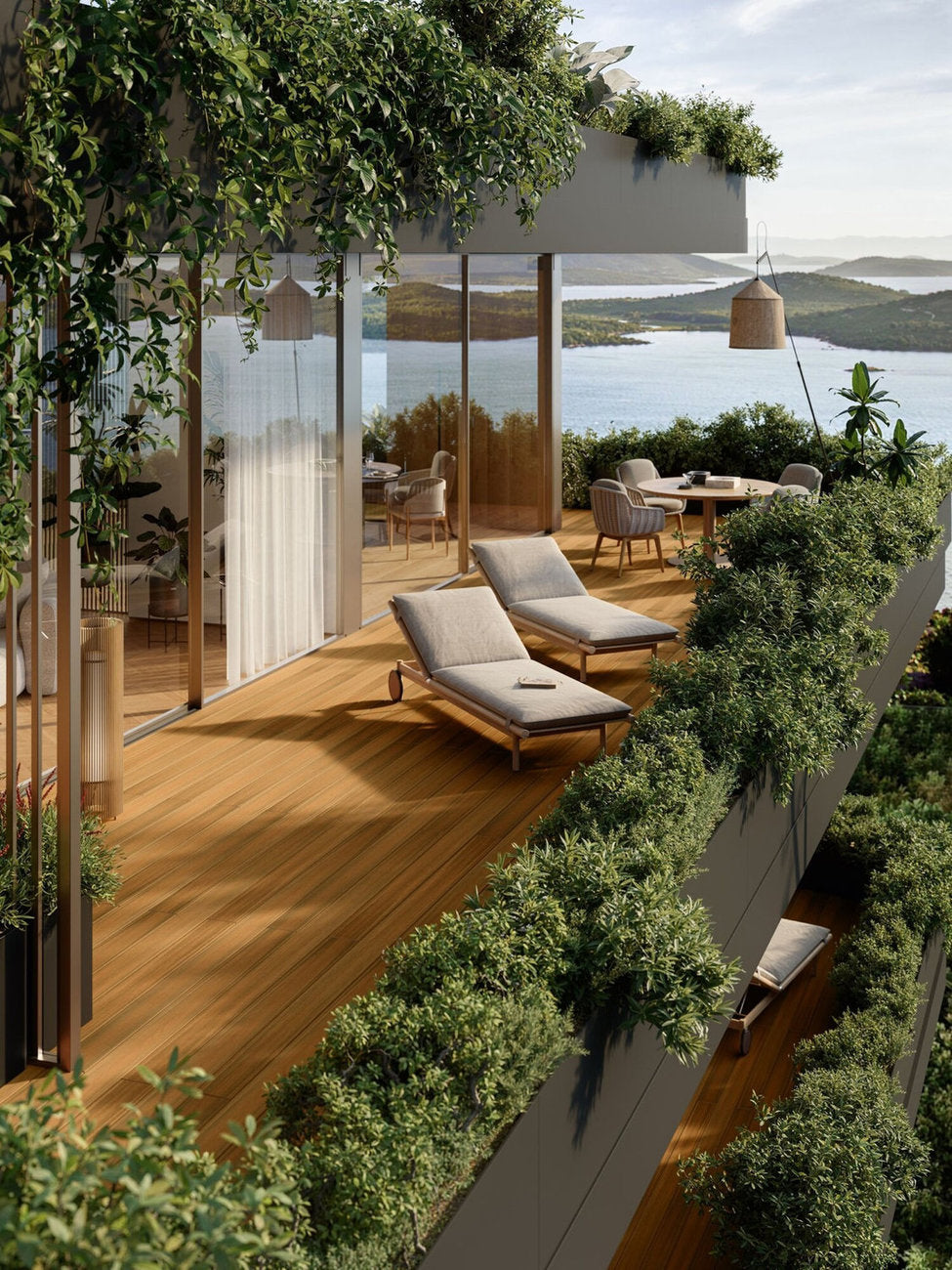 Doghe WPC effetto legno Skema su balcone verde affacciato sul mare