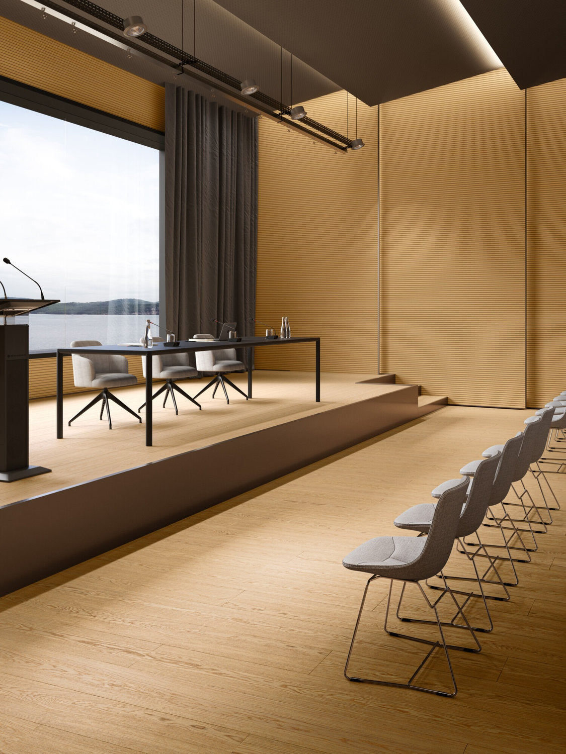 Sala conferenze con pannelli acustici SONORA Skema a parete per ottimizzazione del parlato