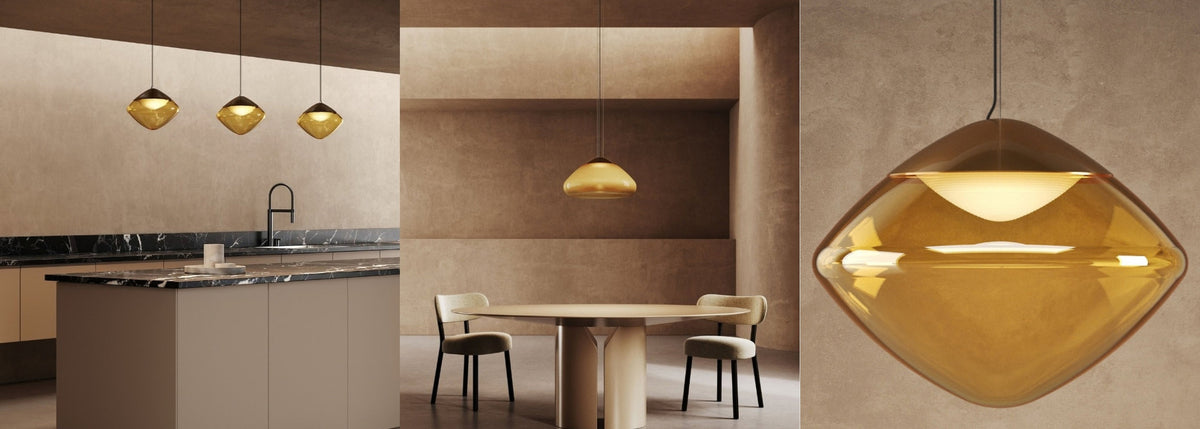 Lampada a sospensione in vetro ambrato Antesia di Masiero. Scopri la collezione da Atlantico a Milano.