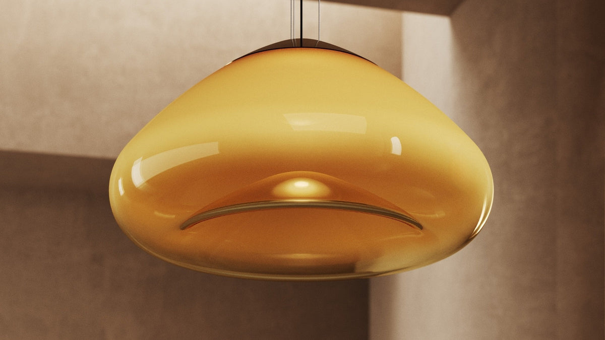 Dettaglio della lampada a sospensione Antesia S1 48 Masiero in vetro ambra