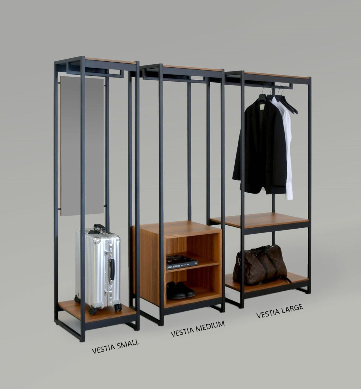 Sistema guardaroba modulare Vestia xam: composizione Small Medium Large ferro verniciato legno tranciato