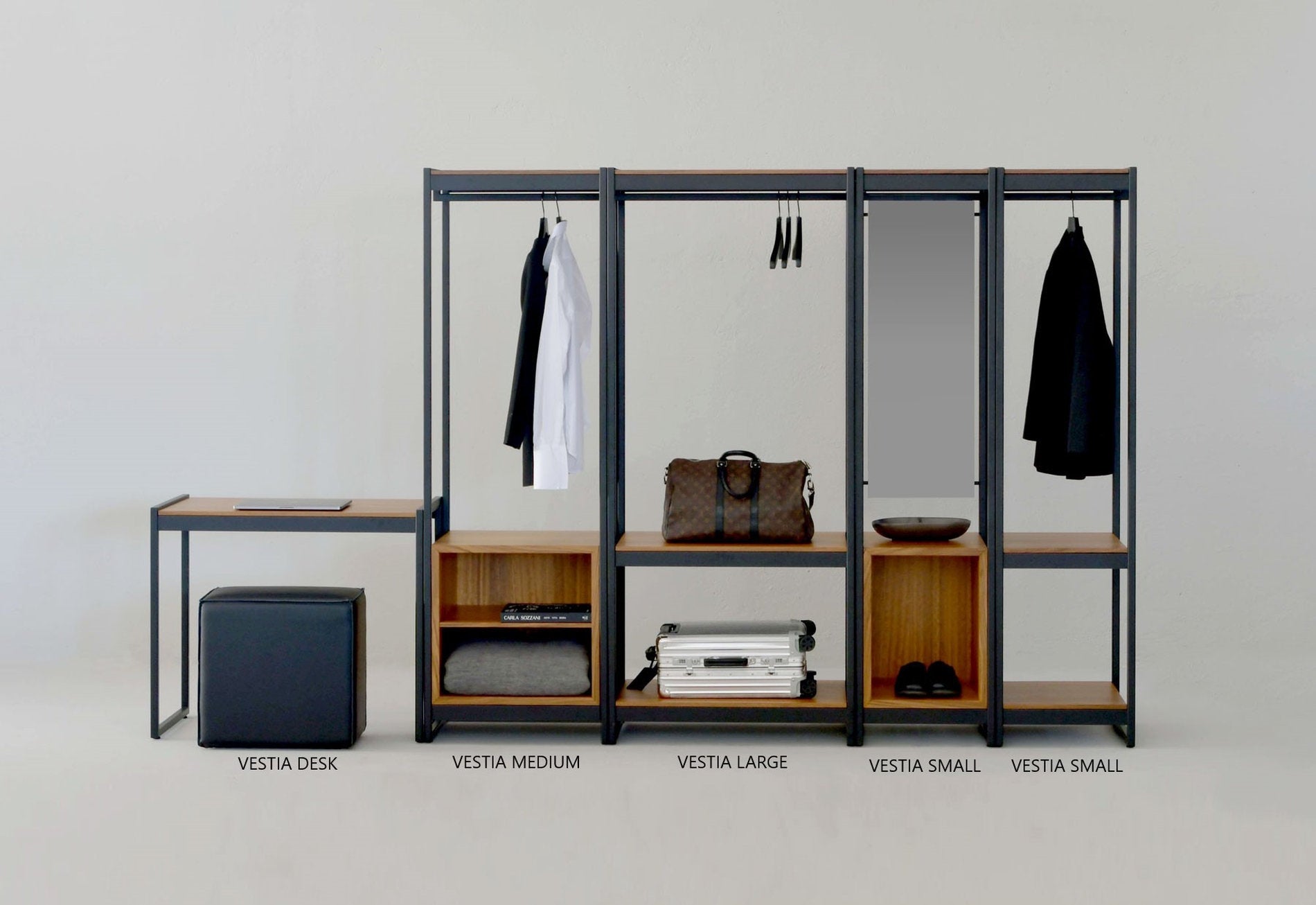 Appendiabiti modulari Vestia Collection xam: moduli Small, Medium, Large, scrivania ferro verniciato Milano