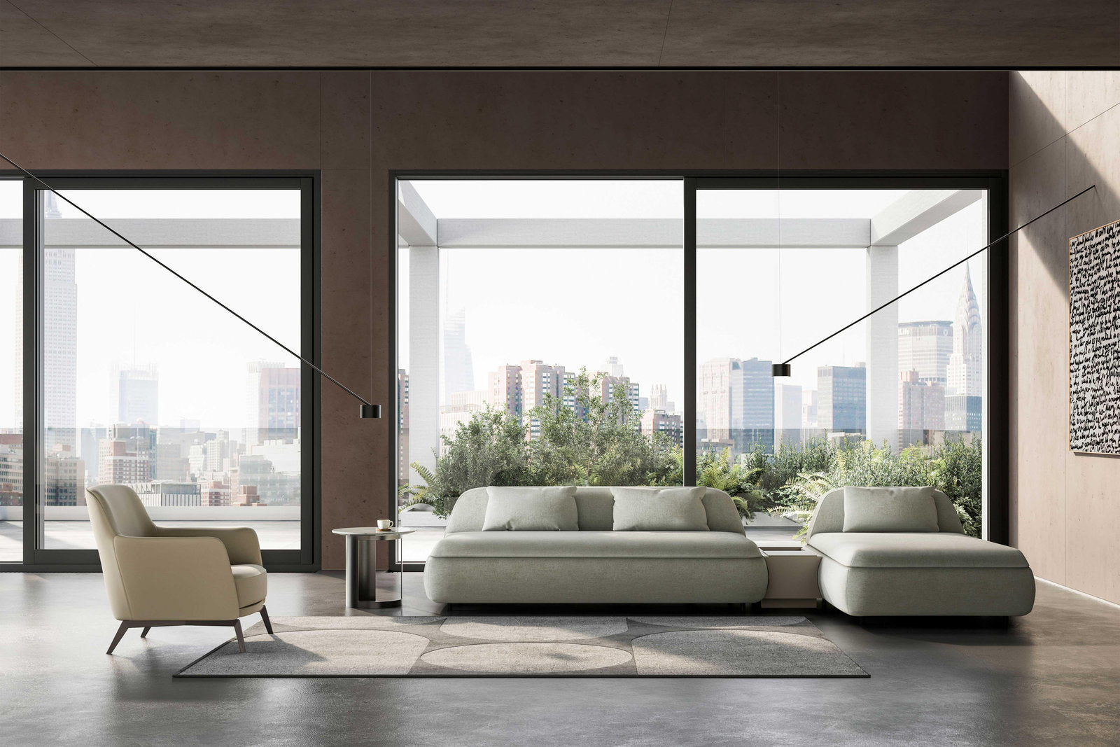 Apollo Bodema divano letto con chaise longue in tessuto avorio, open space con vetrate