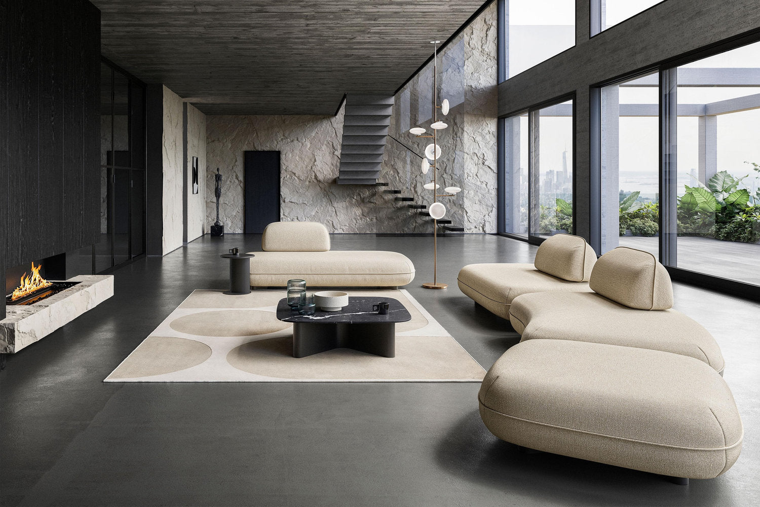 Divano componibile Bao Bodema beige, due composizioni indipendenti a centro stanza in loft con scala a sbalzo