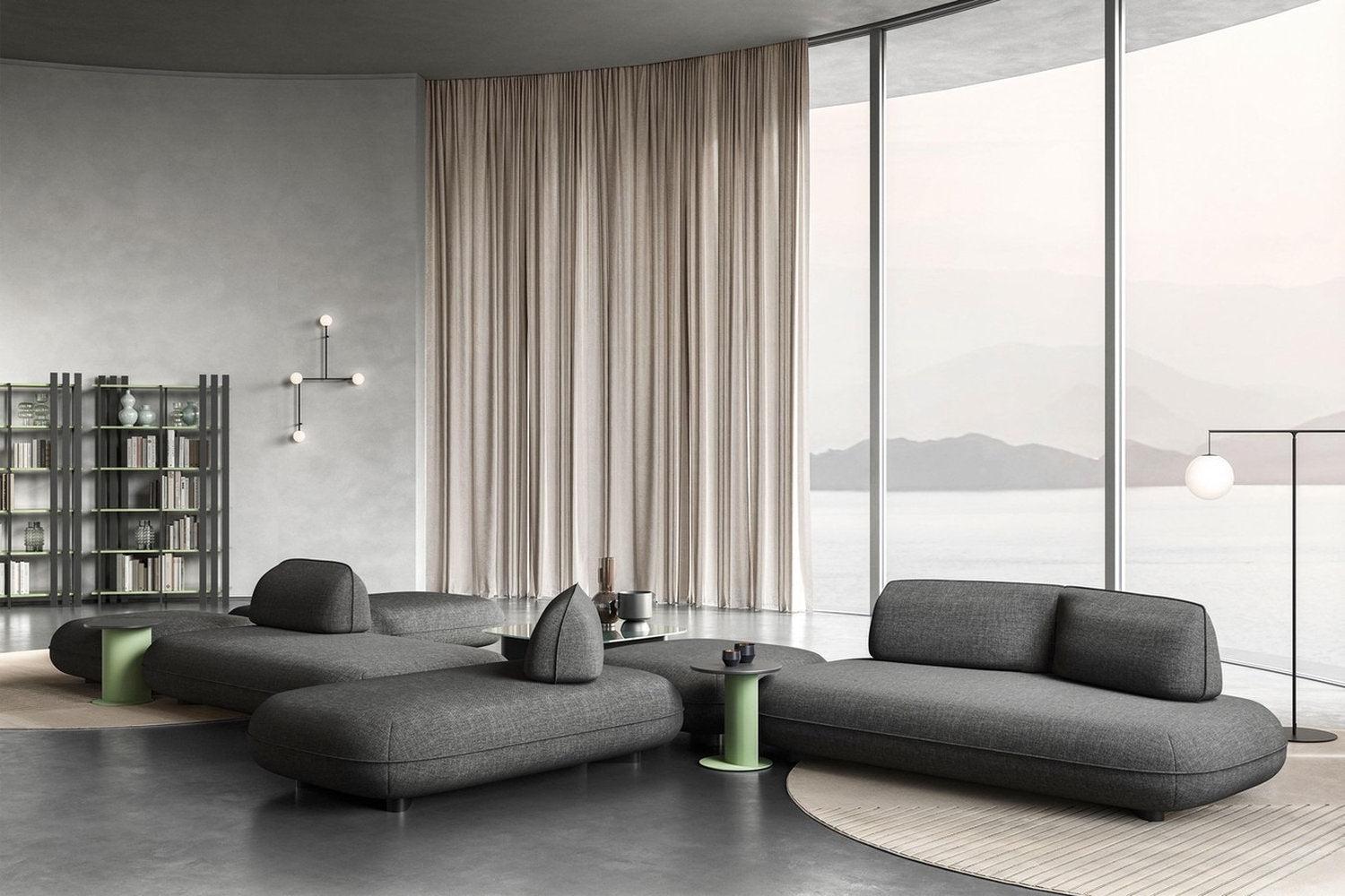 Divano Bao Bodema antracite, moduli a centro stanza con schienali mobili in interno con pareti curve e vista panoramica