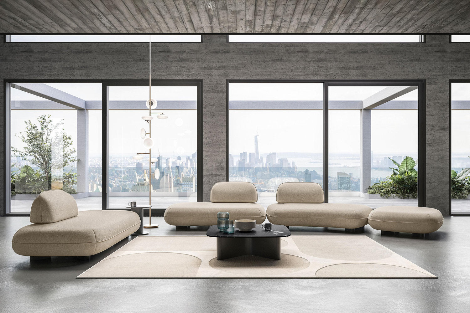Sistema componibile Bao Bodema beige: chaise longue e composizione lineare con schienali spostabili, panorama urbano