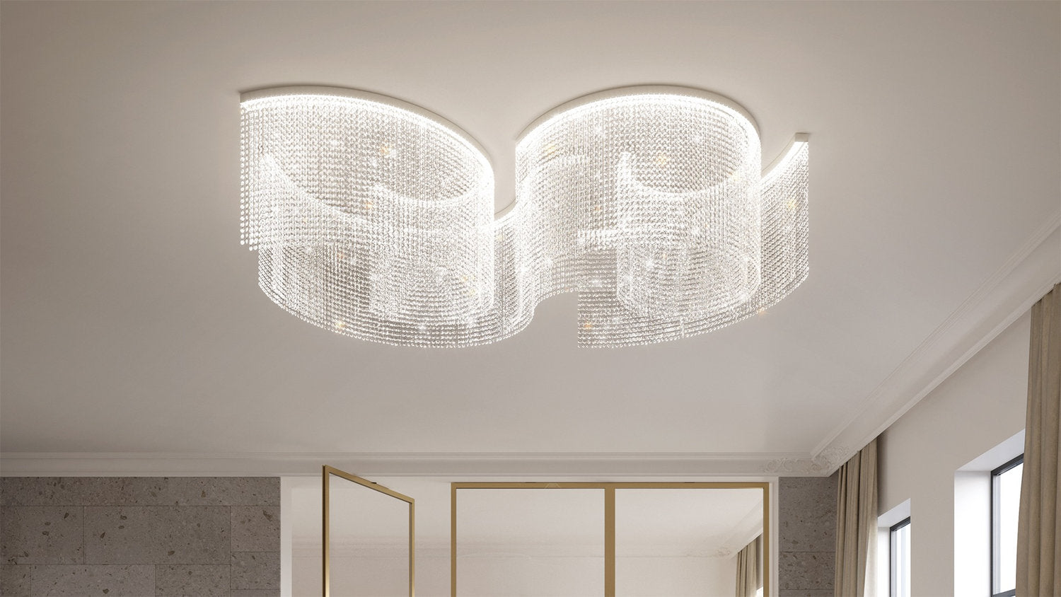 lampadario da soffitto Galassia di Masiero con cascate di pendagli in cristallo