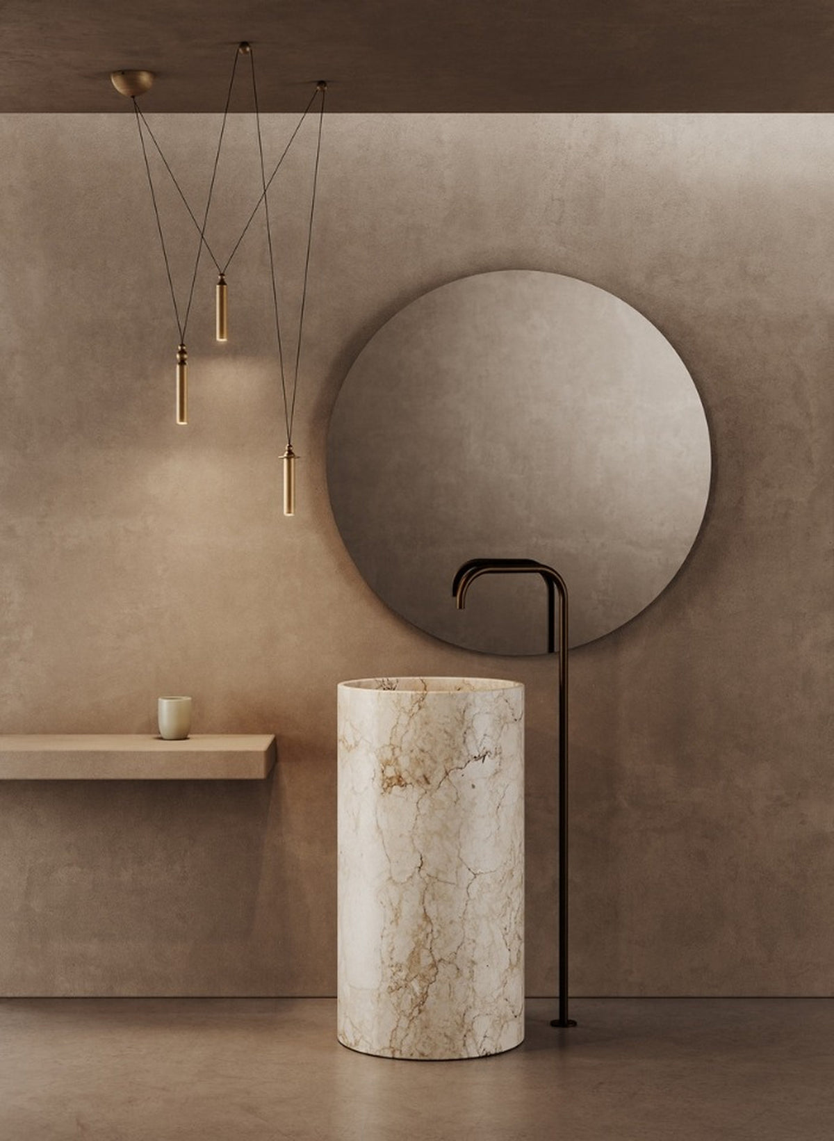 Serica Dot Masiero, sospensione a tre luci in finitura dorata in ambiente bagno contemporaneo