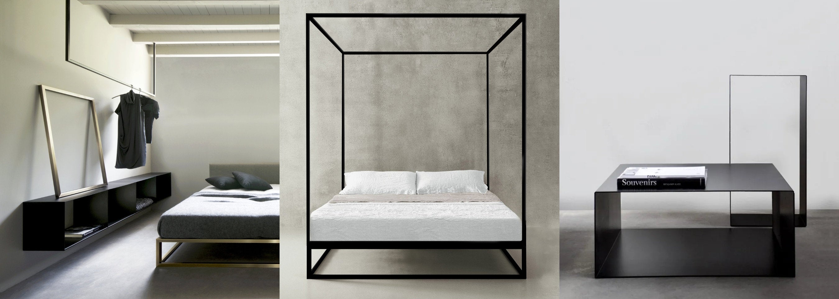 collezione notte di xam, letti e moduli minimal in ferro od ottone