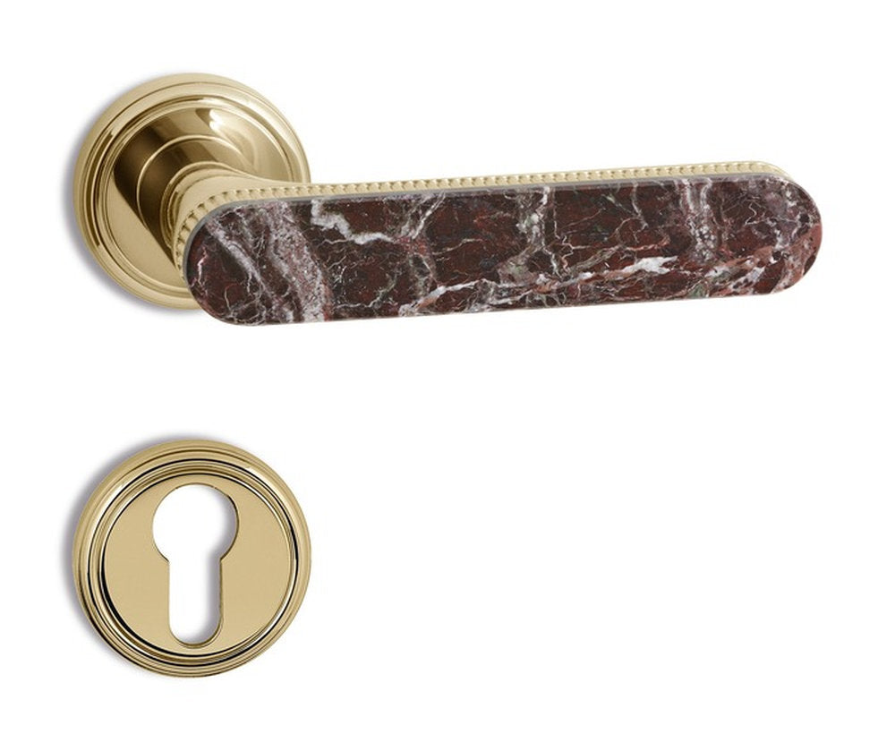 Maniglia Krone Lux Salice Paolo in ottone lucido e marmo Rosso Levanto con rosetta e bocchetta