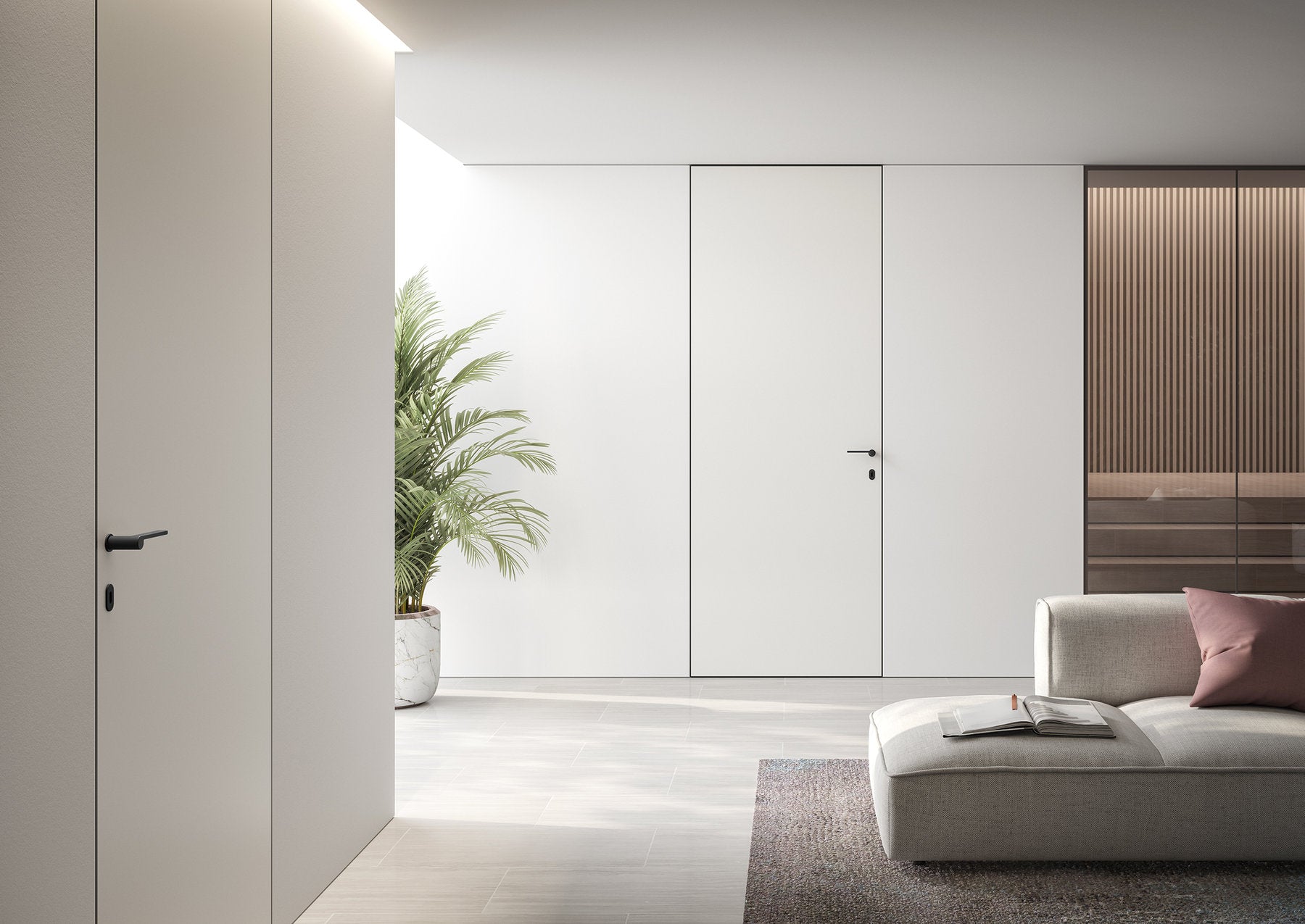 Maniglia Ento Lev nera su porte interne, ambientazione in soggiorno moderno con porte a filo muro