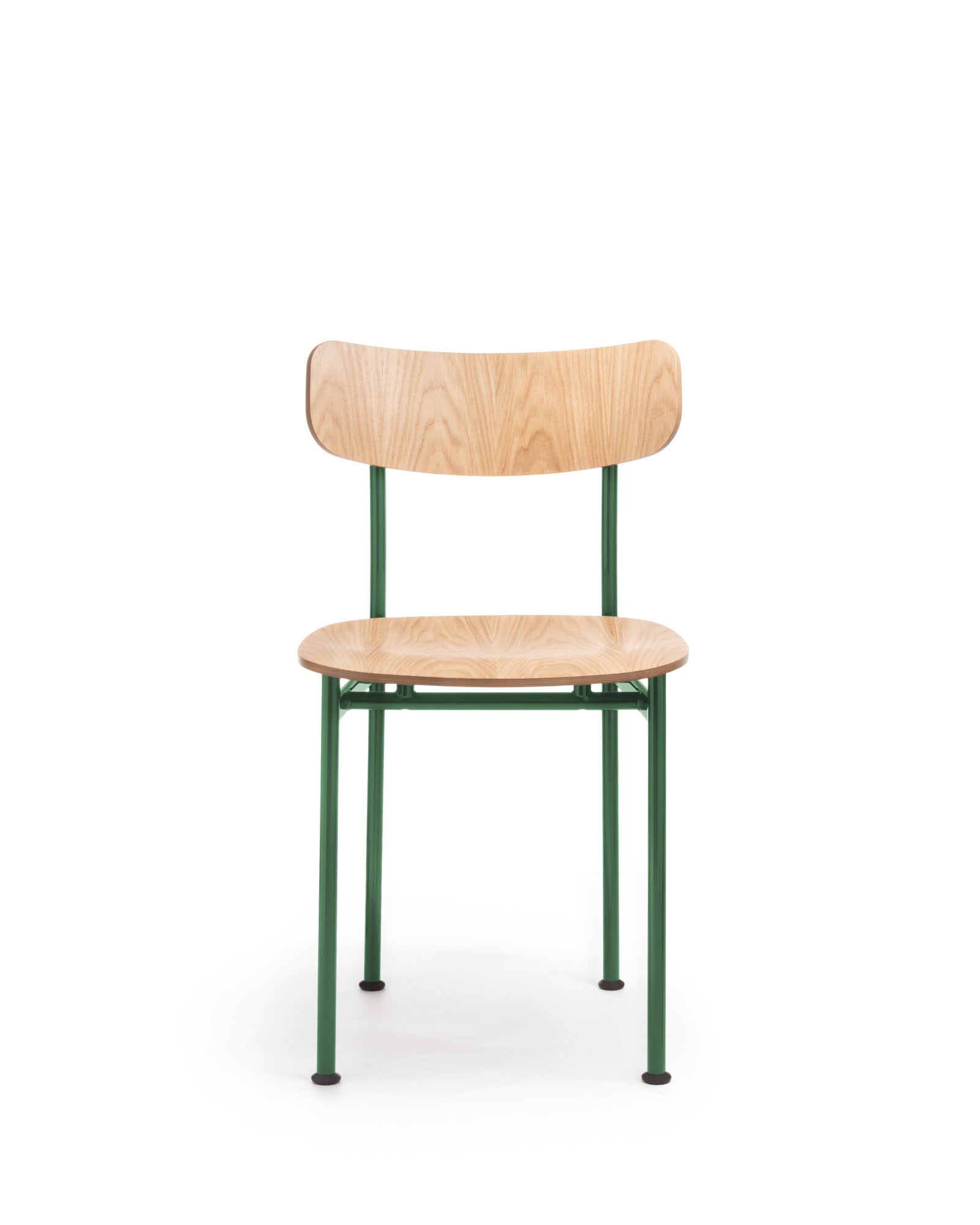 Sedia Motta Magis, Jasper Morrison, rovere naturale, struttura in acciaio verde, vista frontale.