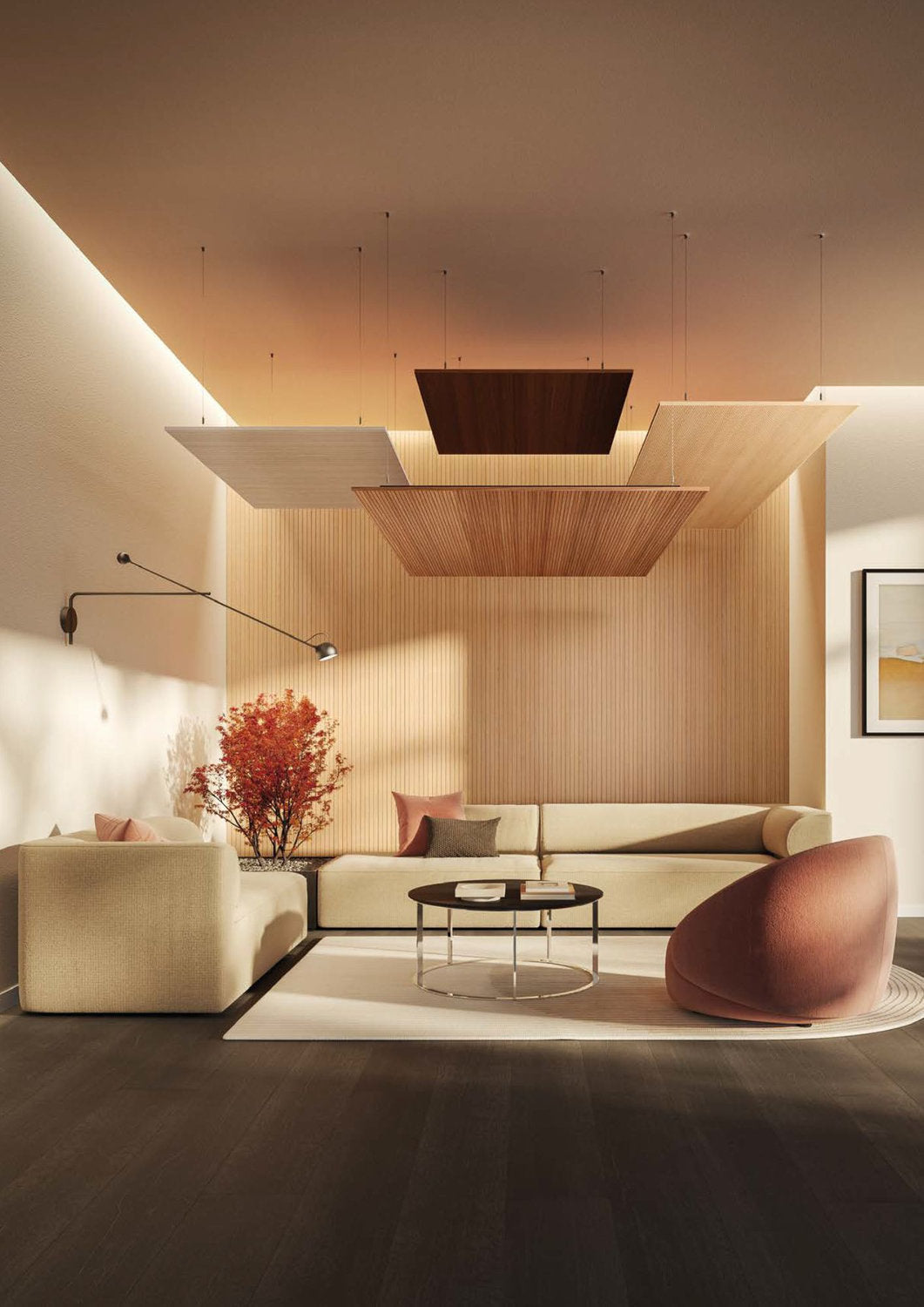 Pannelli fonoassorbenti sospesi Skema per migliorare acustica in contesto contract