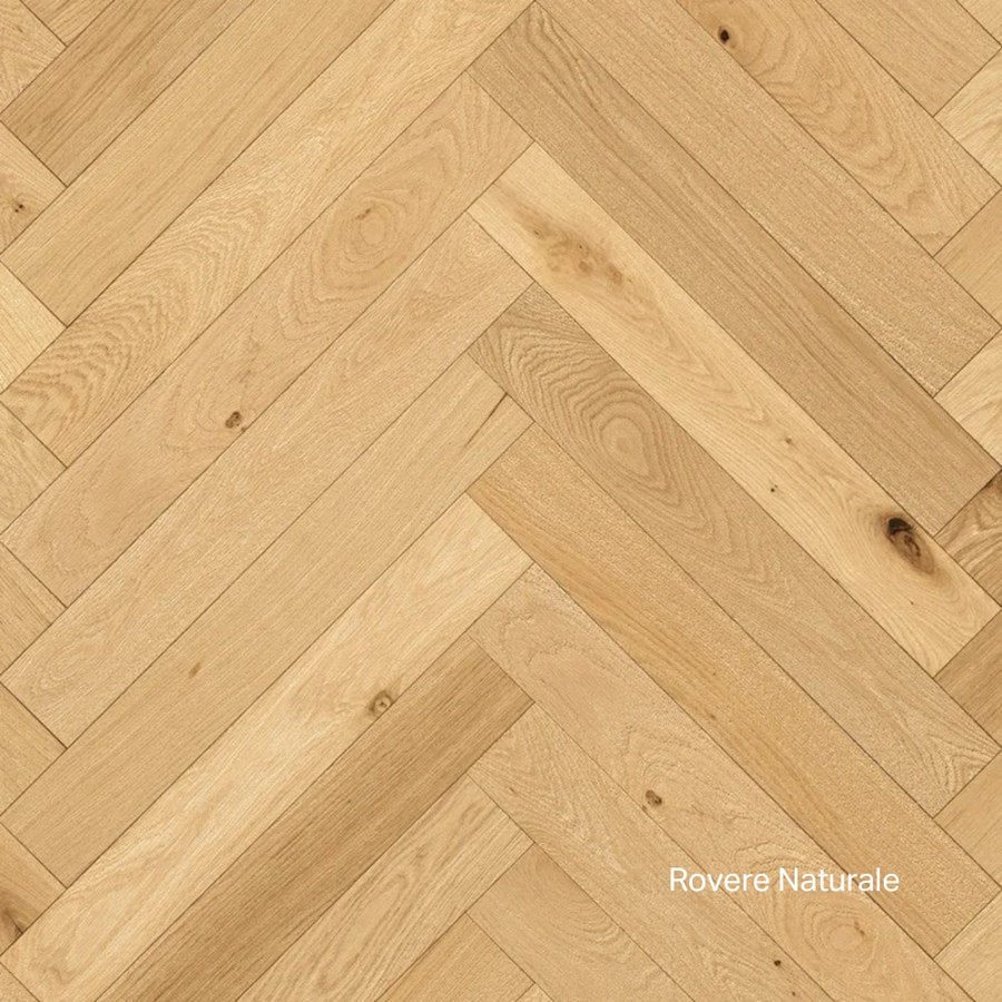 Parquet rovere spina italiana Woodco HER Naturale, dettaglio posa a spina e nodi leggeri