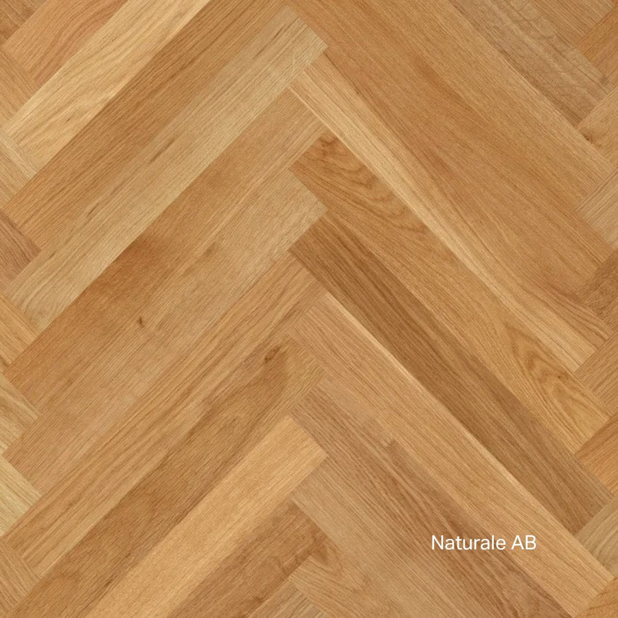 Parquet rovere a spina italiana Woodco HIM, selezione Naturale AB, dettaglio venatura e posa