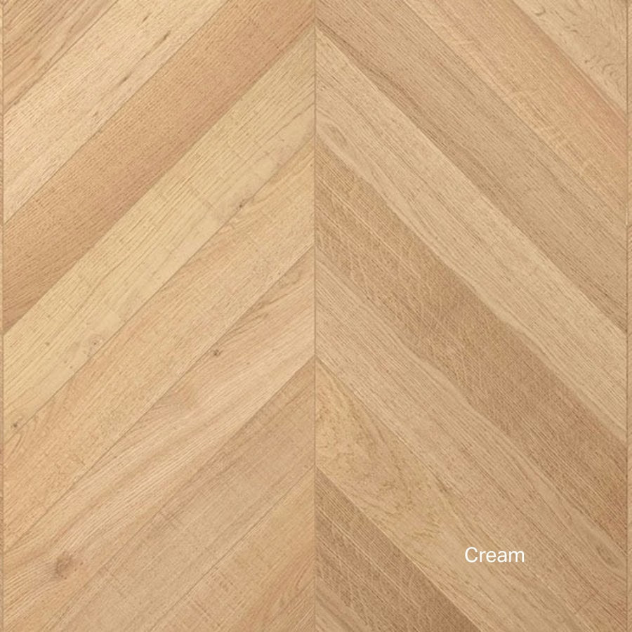 Dettaglio parquet Woodco Star spina 45°, finitura Cream, rovere europeo a chevron