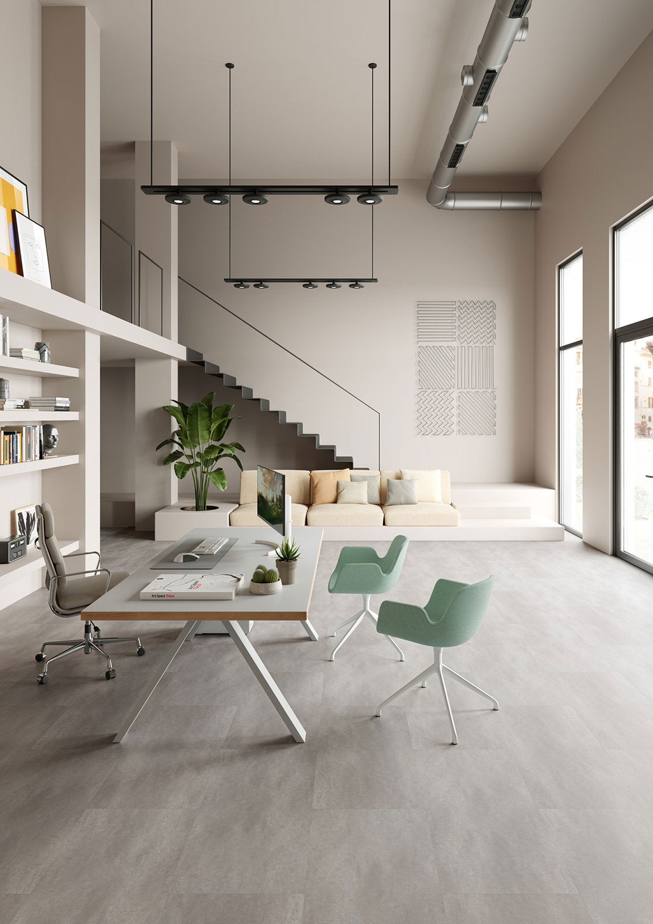 Interno ufficio con pavimento SPC Flow 55 Cement Teide, effetto cemento greige