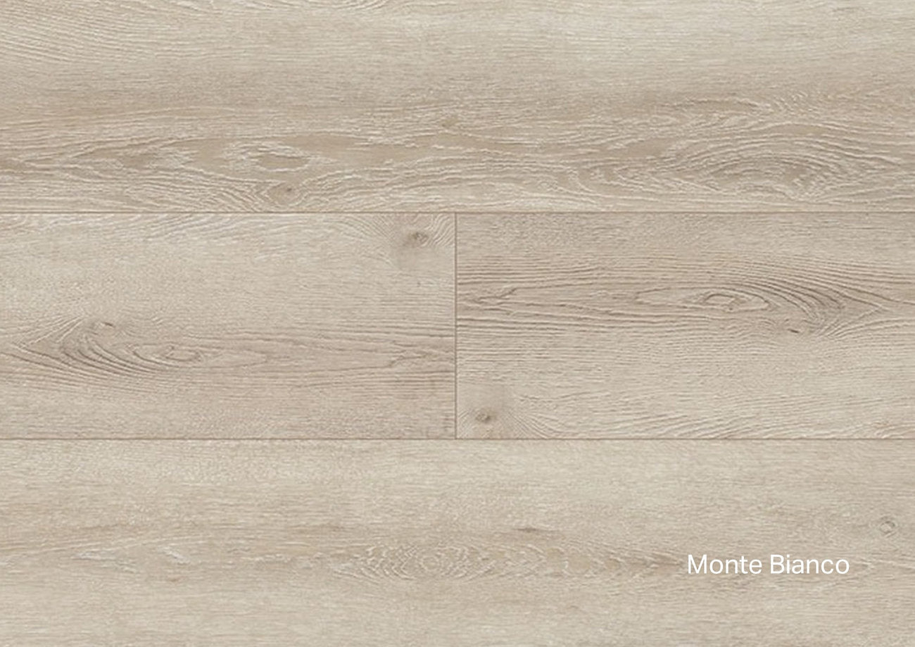 Pavimento SPC Flow 55 Monte Bianco, effetto legno rovere chiarissimo con tono freddo 