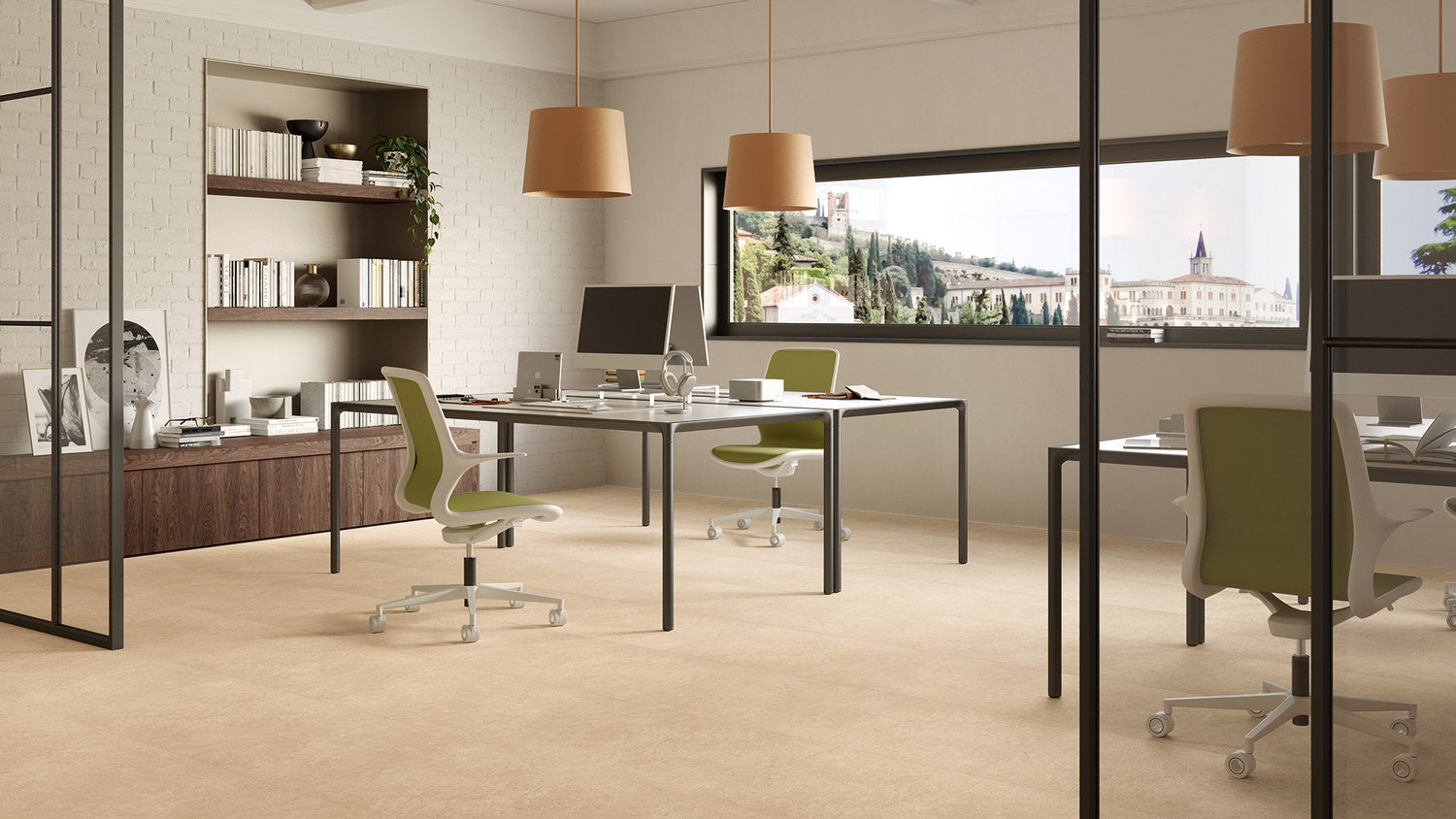 Pavimento SPC Flow+ XL Tile Ambrym effetto pietra beige caldo, posa grande formato in ufficio