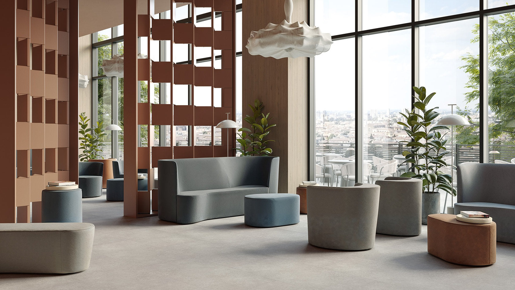 Pavimento SPC Flow+ XL Tile Aso grigio medio effetto pietra, area lounge in contesto contract