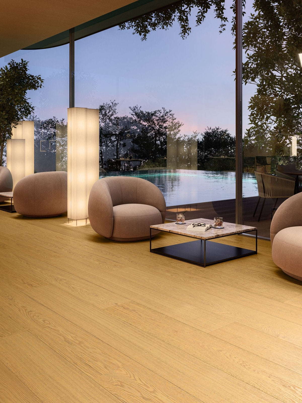 Dettaglio del pavimento in vero legno Lumbertech 270 Rovere Caspio, ambientazione lounge con sedute tonde e lampade diffuse