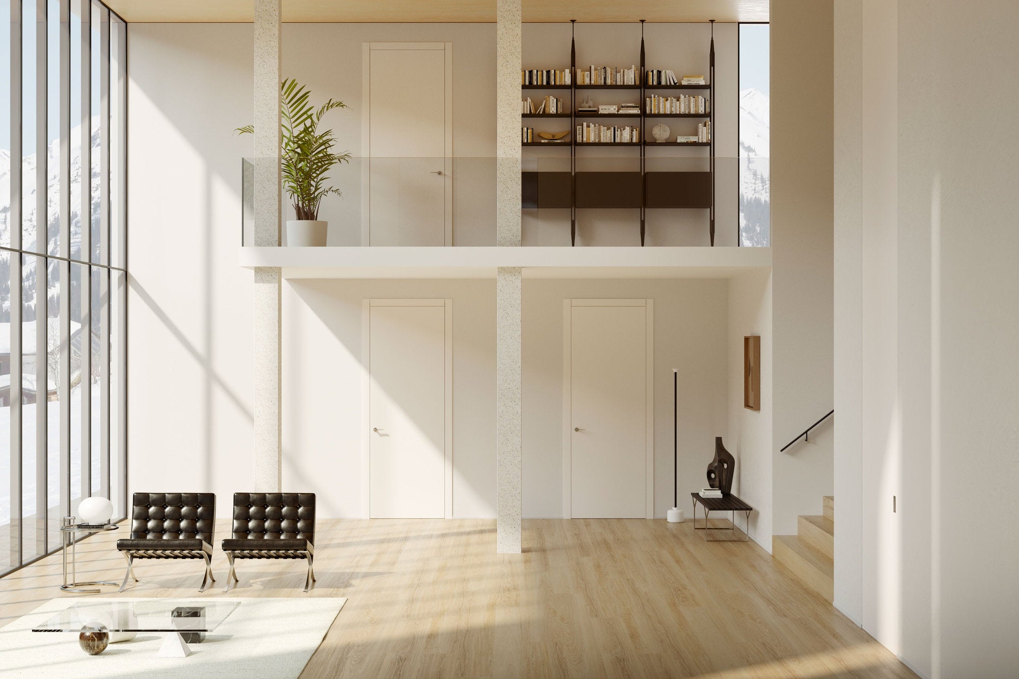 Interno con porte battenti Viva V1 complanari a tirare, design minimale e luminoso