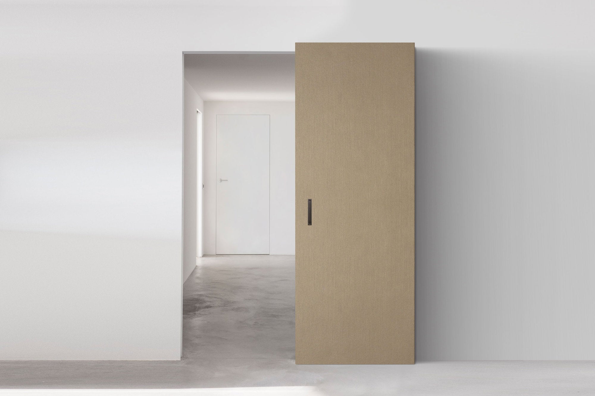 Porta scorrevole esterno muro VSE Minima Viva con anta beige 60 mm e binario invisibile 