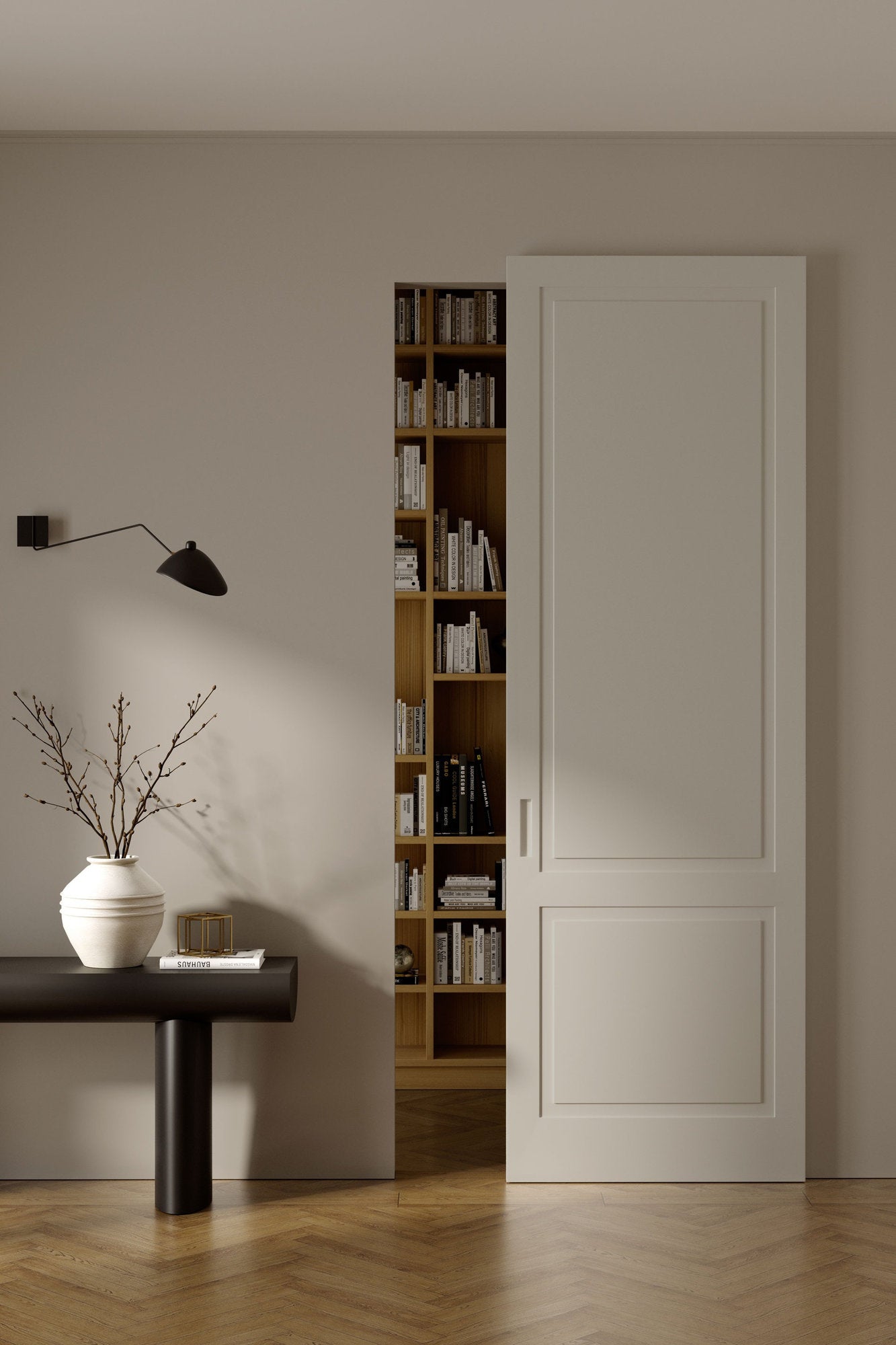 Porta scorrevole Viva VSE Minima esterno muro bianca pantografata, interni libreria 