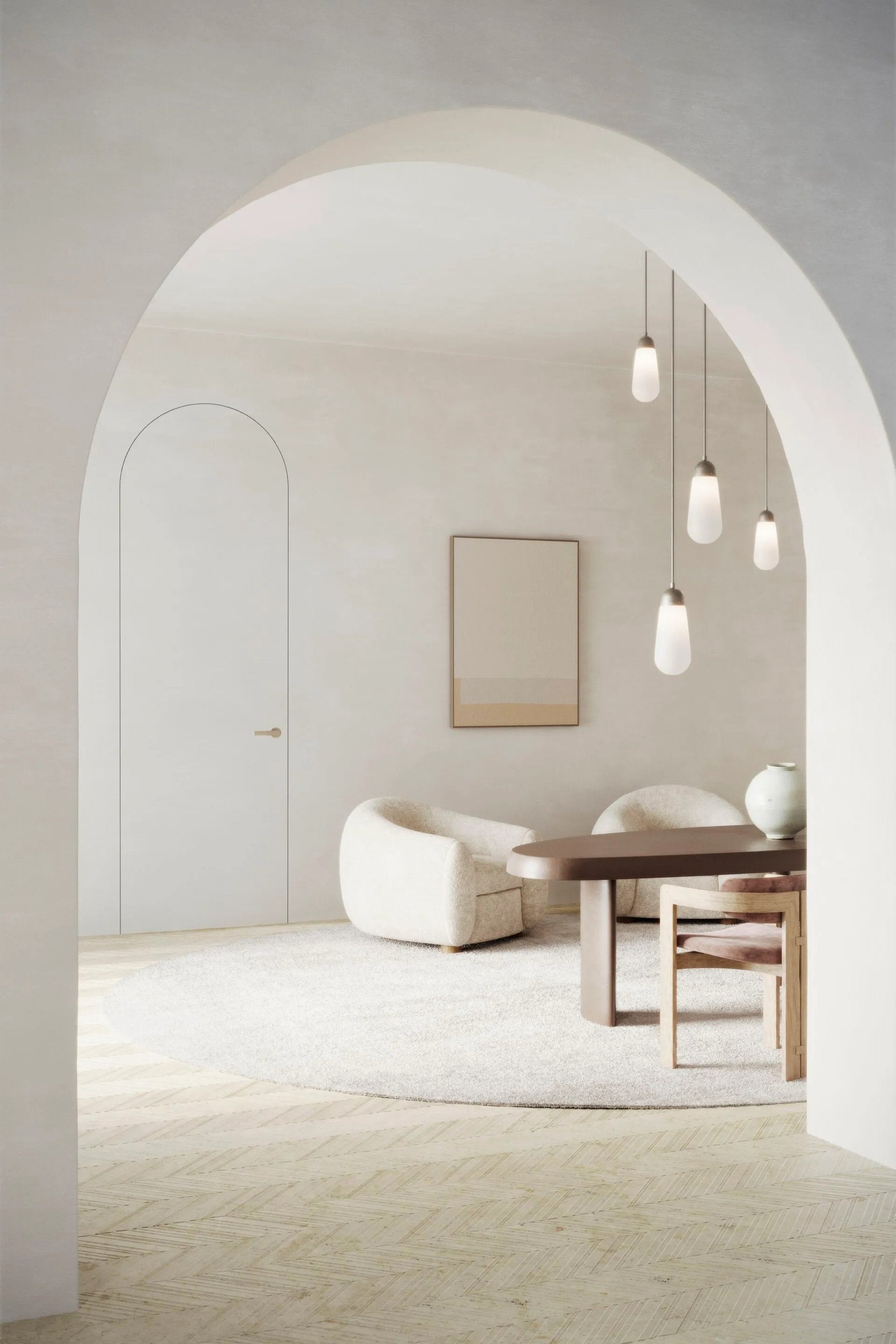 Porta Viva senza coprifili con arco superiore, integrata in spazio contemporaneo dalle linee morbide.