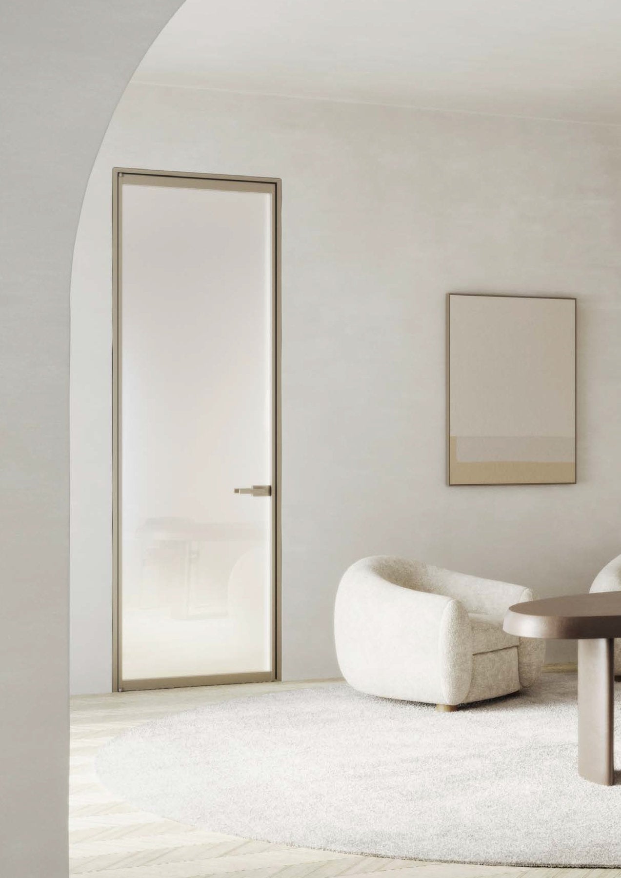 Vista frontale della porta Bellagio Viva Porte in vetro e alluminio con arredo moderno