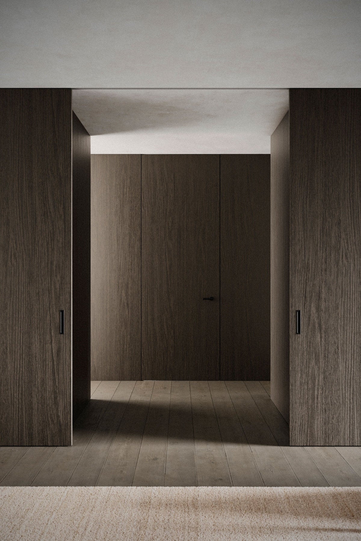 Corridoio con porte e pannelli scorrevoli in legno, sistema divisorio Bellagio Wood Viva Porte