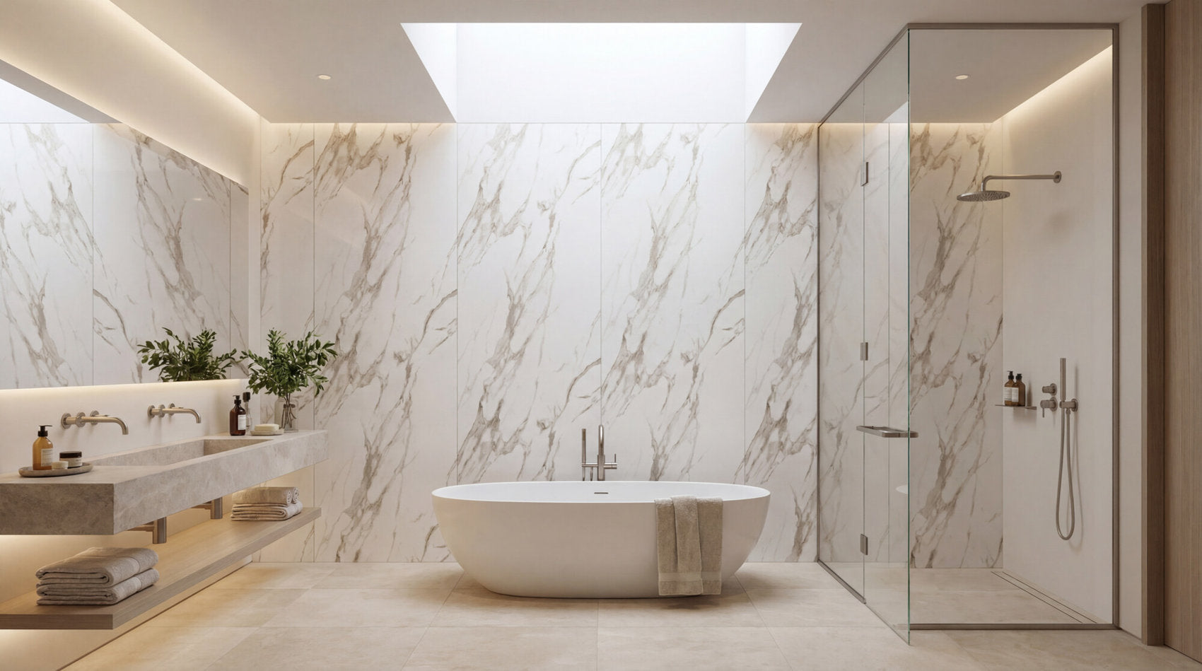 Bagno con rivestimento parete effetto marmo Calacatta Star KW Maxi Skema e vasca freestanding