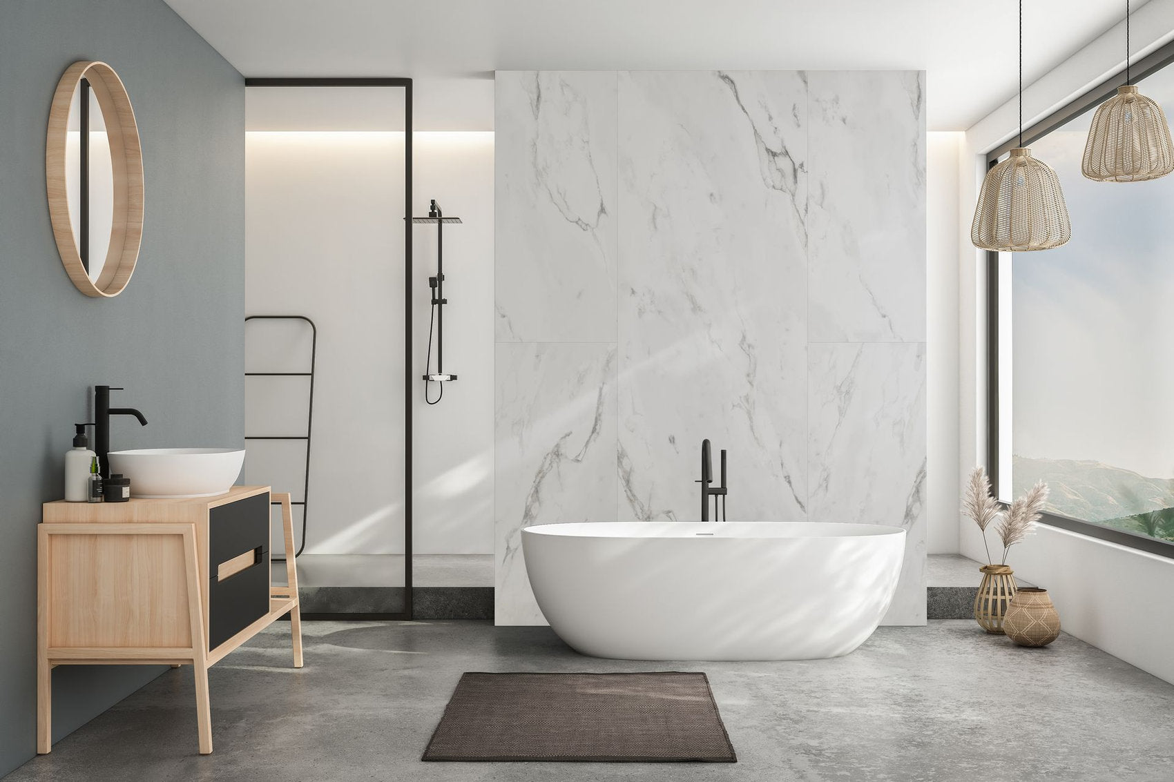 Bagno con rivestimento parete effetto marmo Carrara Star KW Maxi Skema in lastre di grande formato