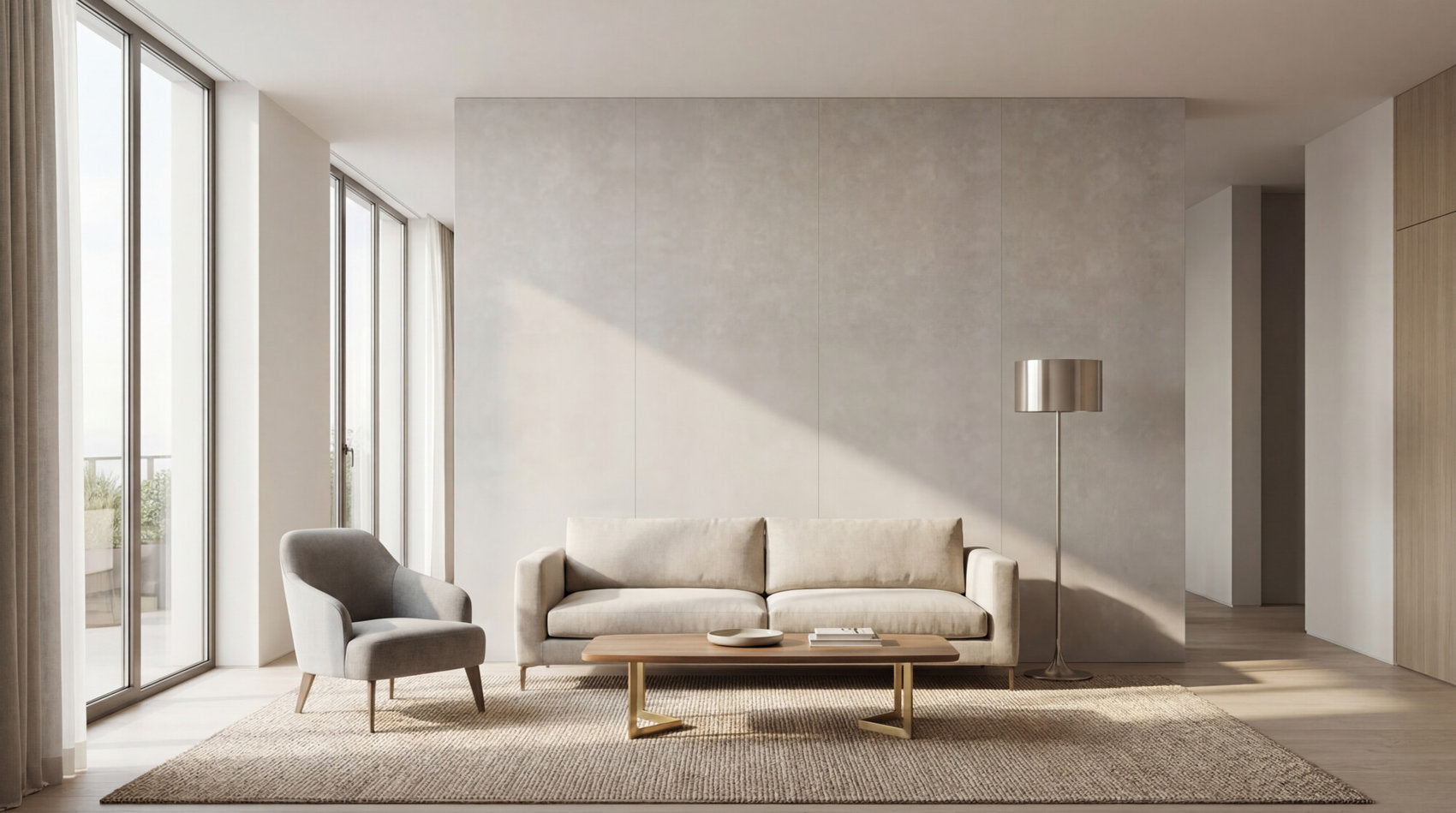 Living con rivestimento parete effetto graniglia Cloud Star KW Maxi Skema e arredi neutri