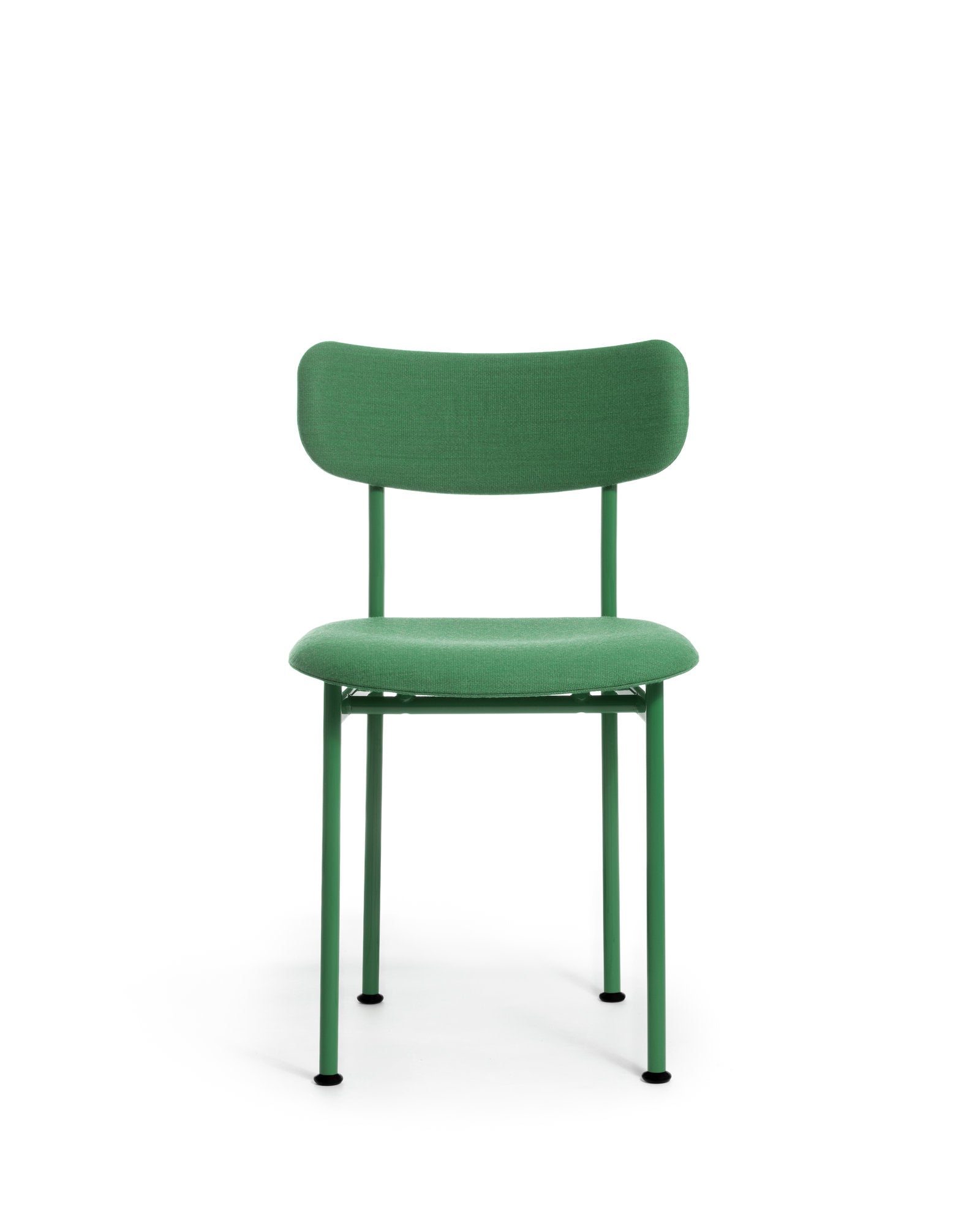 Sedia Motta Magis imbottita in tessuto verde, Jasper Morrison, telaio in acciaio verniciato, vista frontale su bianco