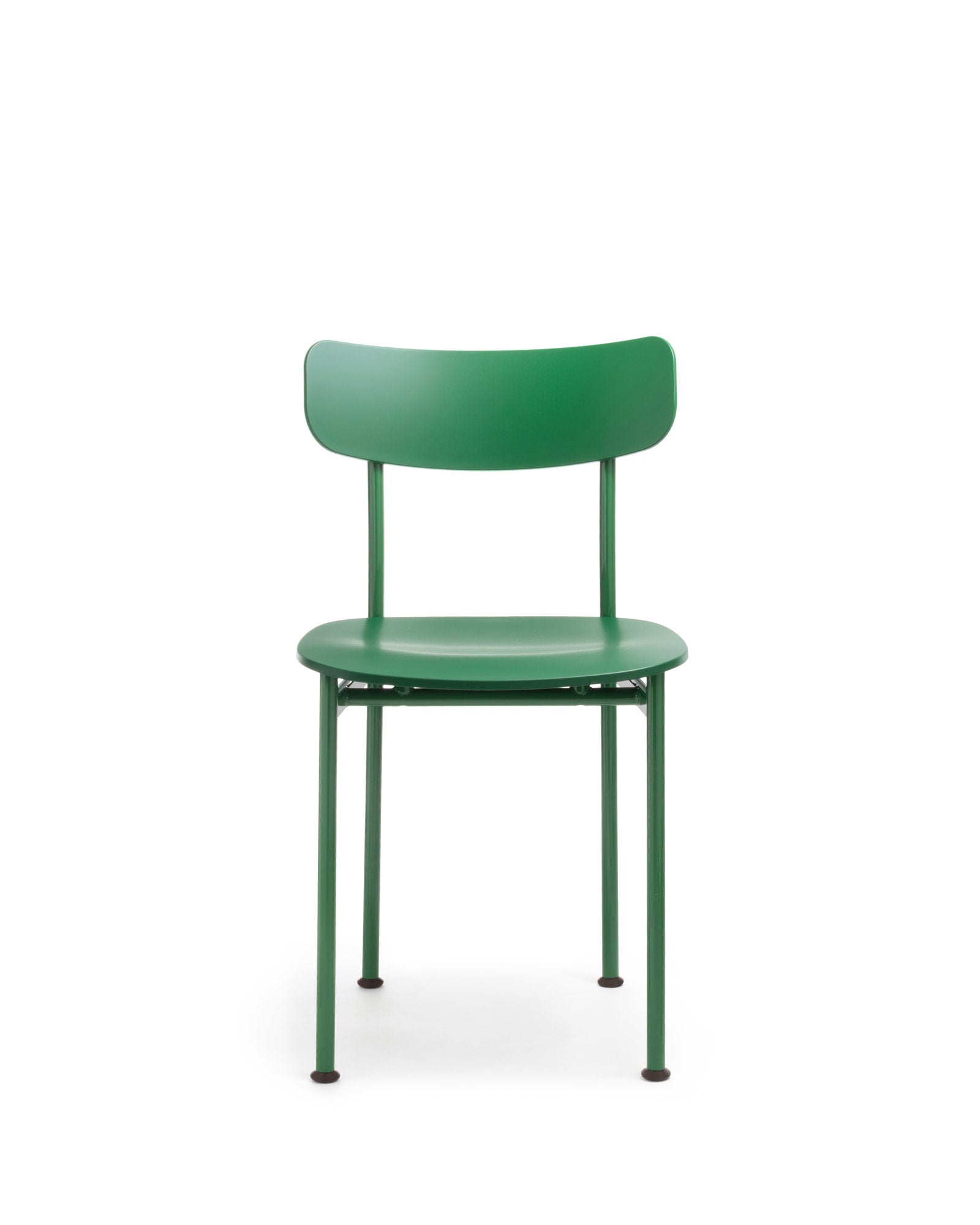 Sedia Motta Magis verde, Jasper Morrison, vista frontale su bianco, gambe in acciaio e seduta in plastica.