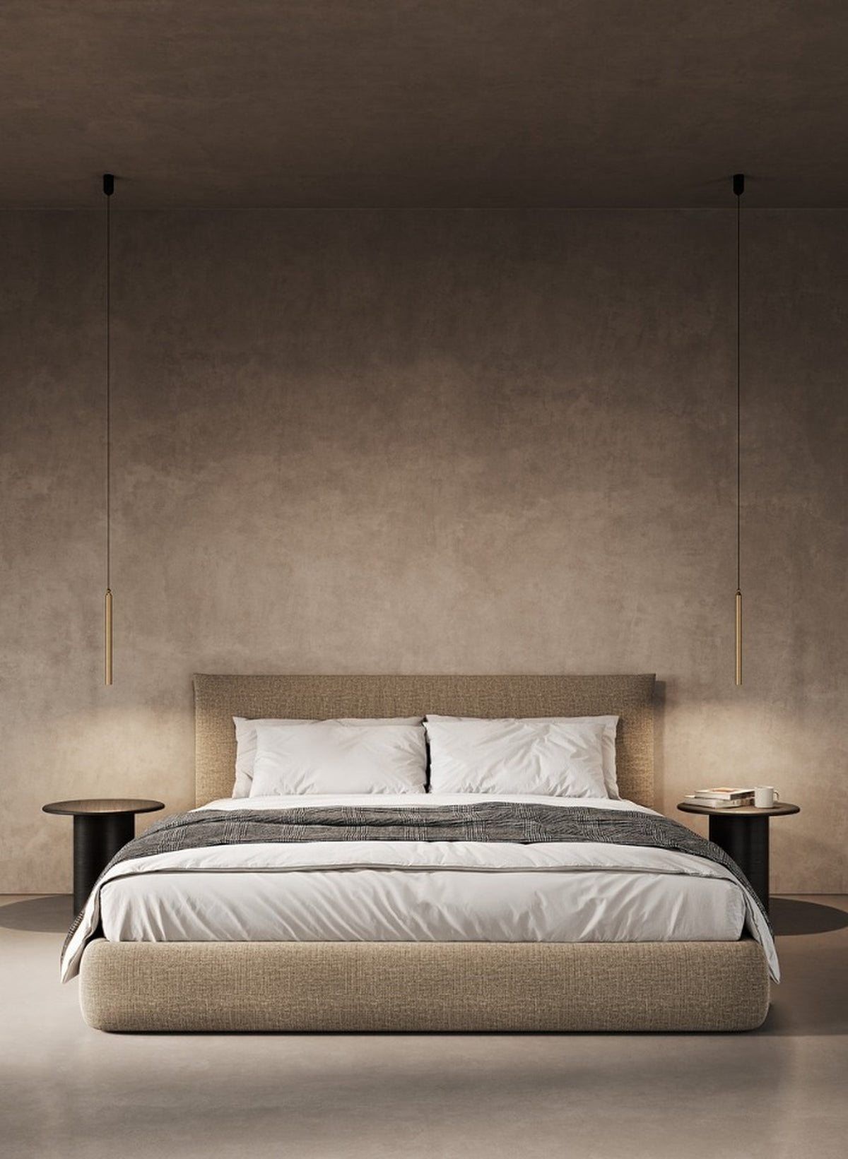 Coppia di lampade a sospensione Serica Masiero ai lati del letto, soluzione per comodini e camera da letto