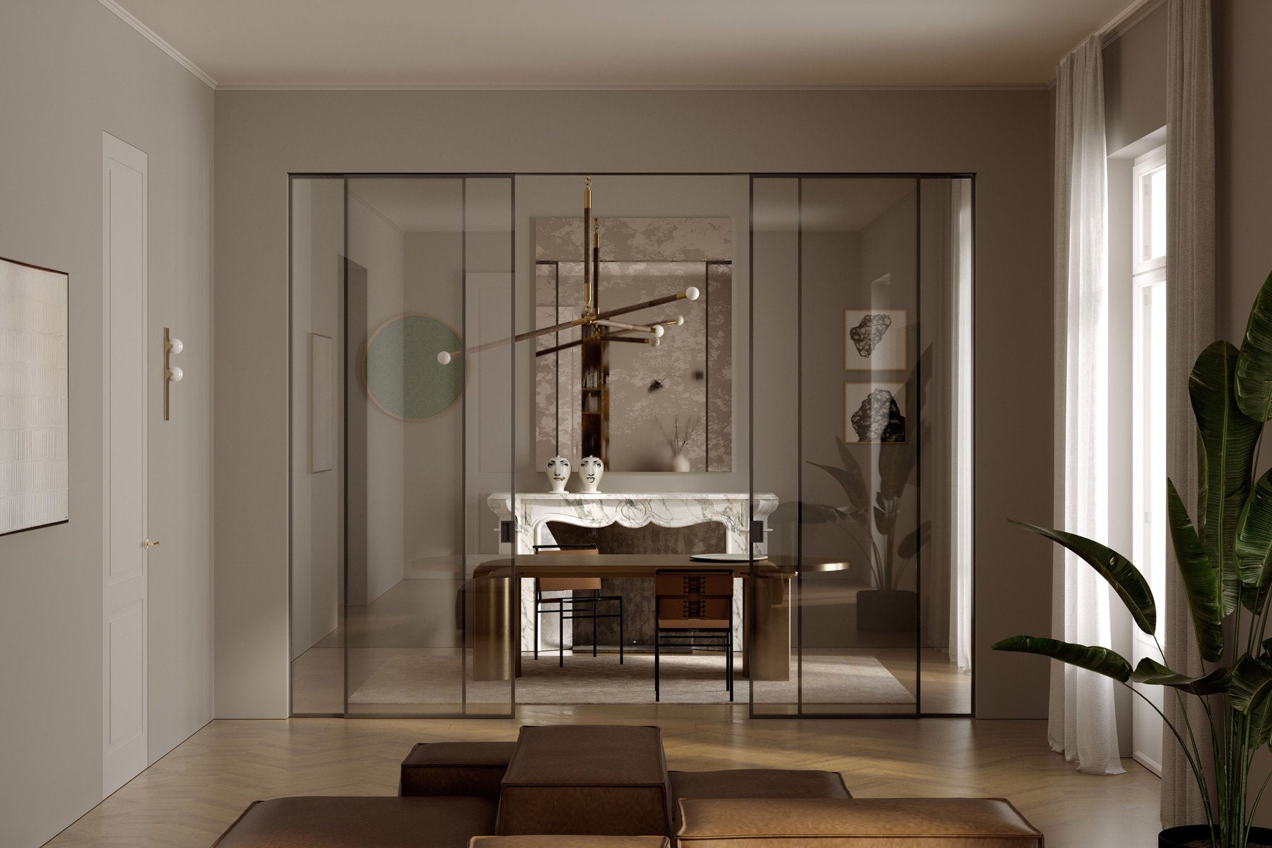 Viva Porte Como, porte scorrevoli in vetro per separare living e studio con profili in alluminio