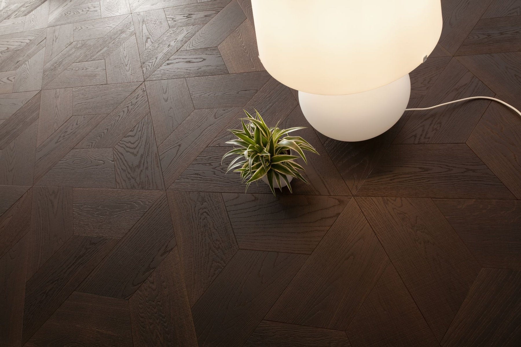 Parquet Yles Tarsia in rovere Carbo con moduli trapezoidali e lampada accesa con pianta.