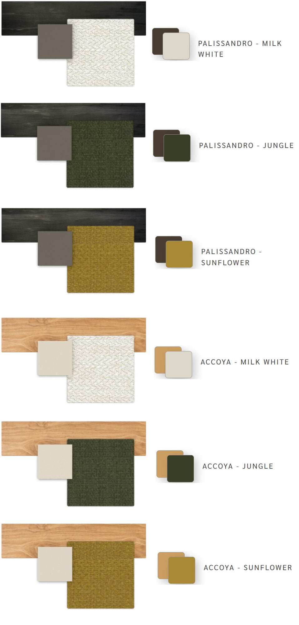 Finiture Itaca Talenti in Accoya e palissandro con tessuti outdoor Milk White Jungle Sunflower
