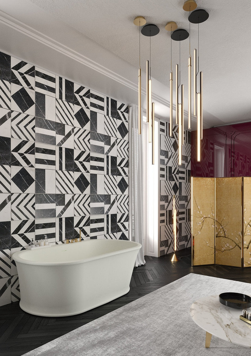 Skye Wall Forma Aquae, vasca a parete stile vittoriano moderno in bagno con rivestimento geometrico