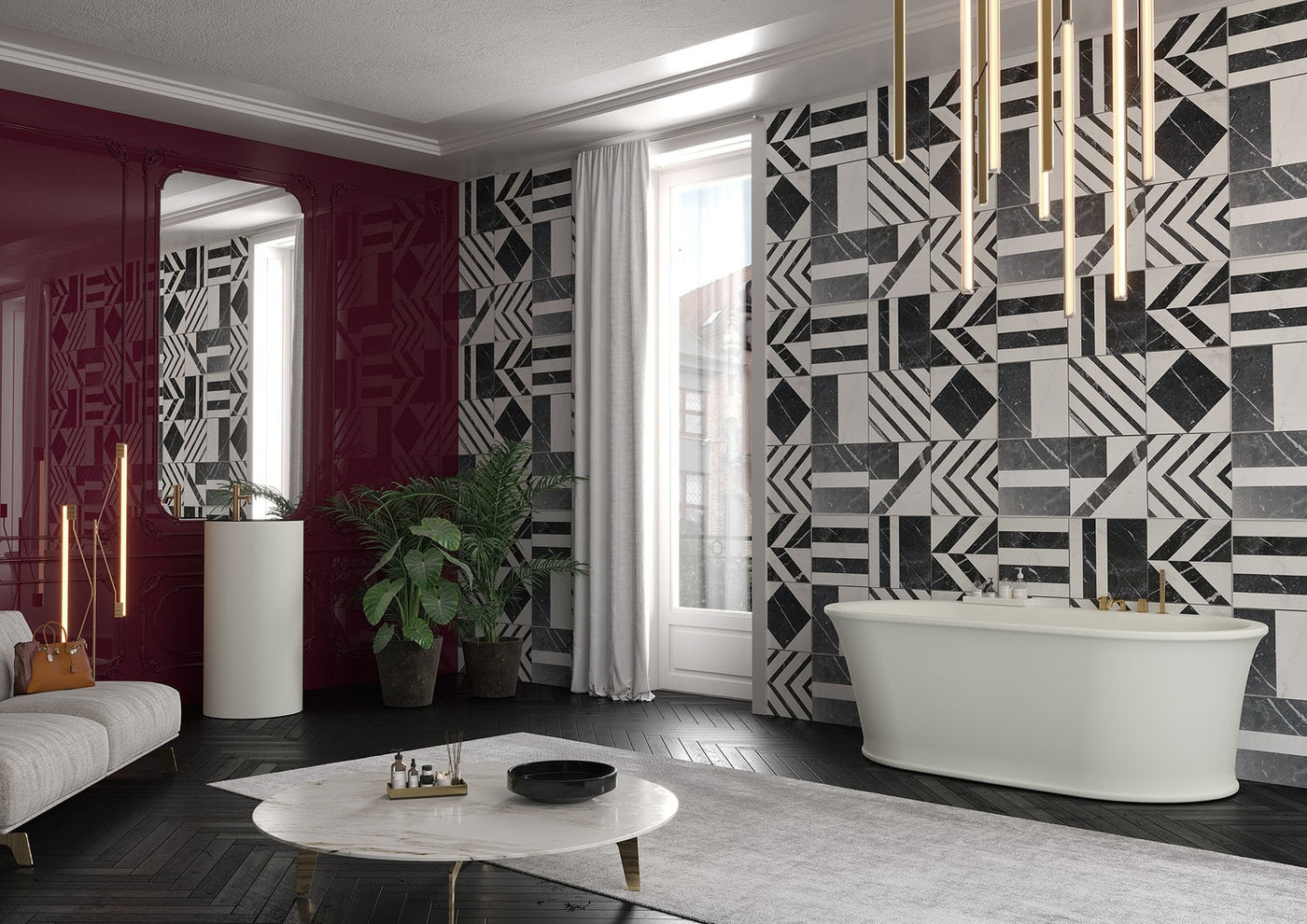 Bagno stile inglese con vasca Skye Forma Aquae freestanding a parete, pavimento scuro a spina 