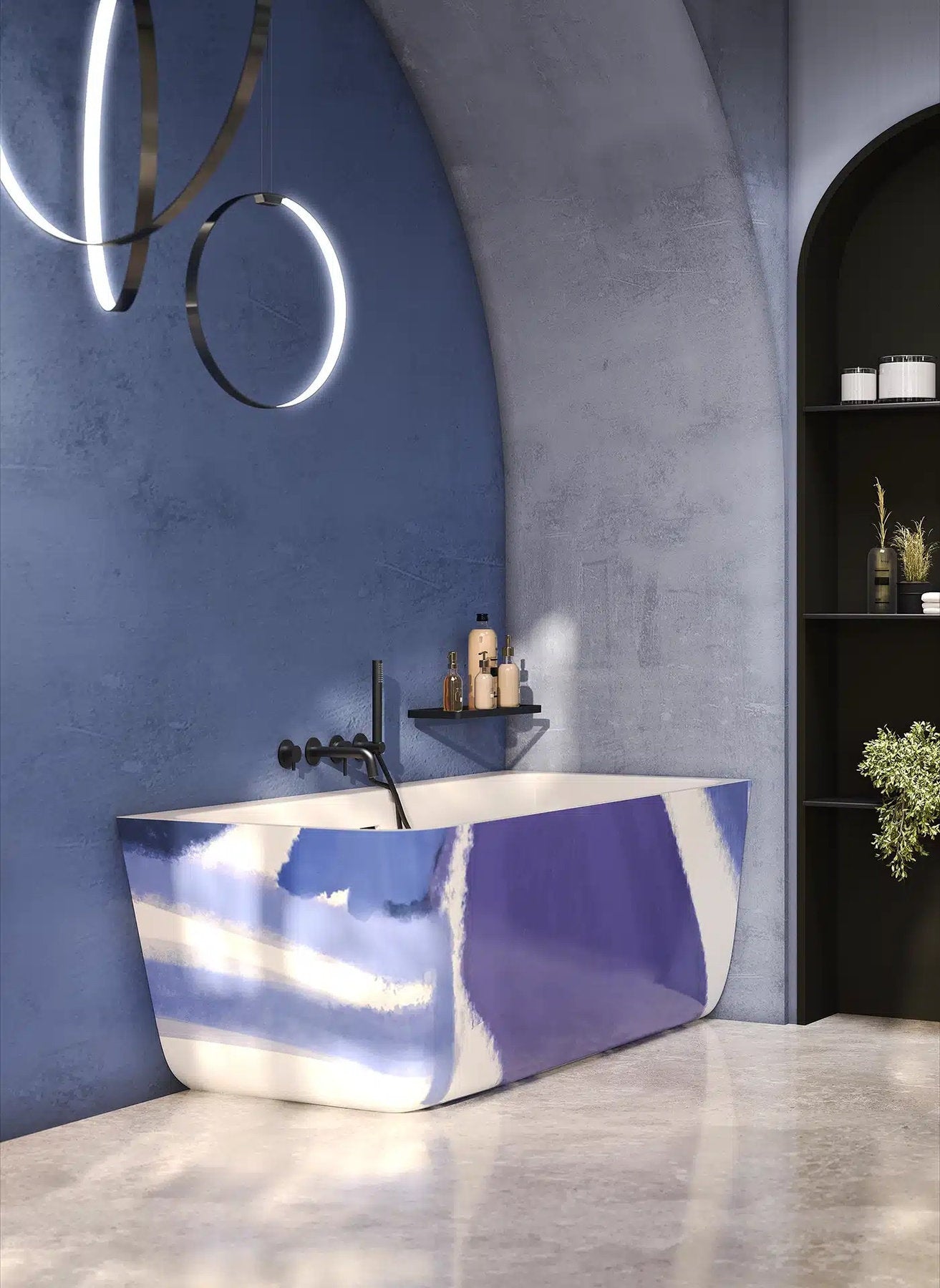 Dettaglio laterale vasca angolare Meda Corner Forma Aquae con finitura Decor Dress blu