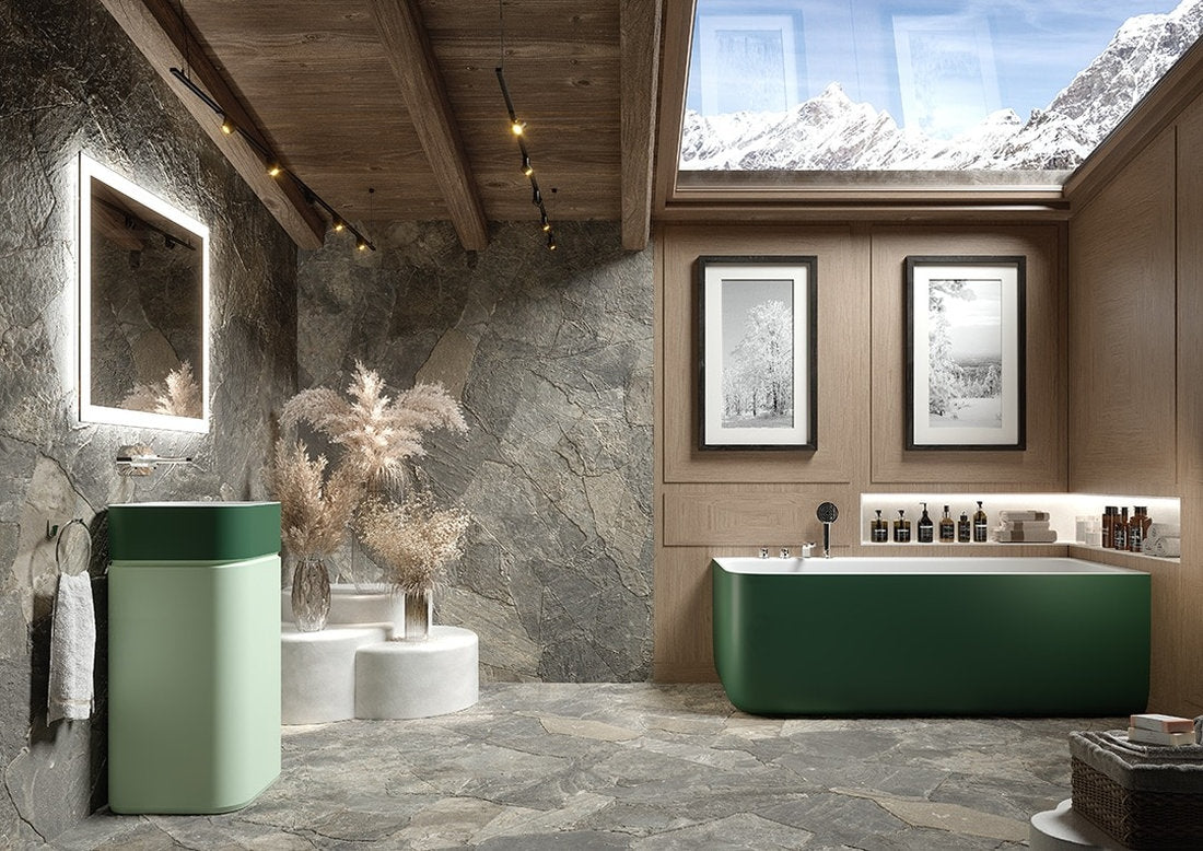Bagno completo con vasca angolare Oasi Corner e lavabo coordinato verde Forma Aquae Milano 