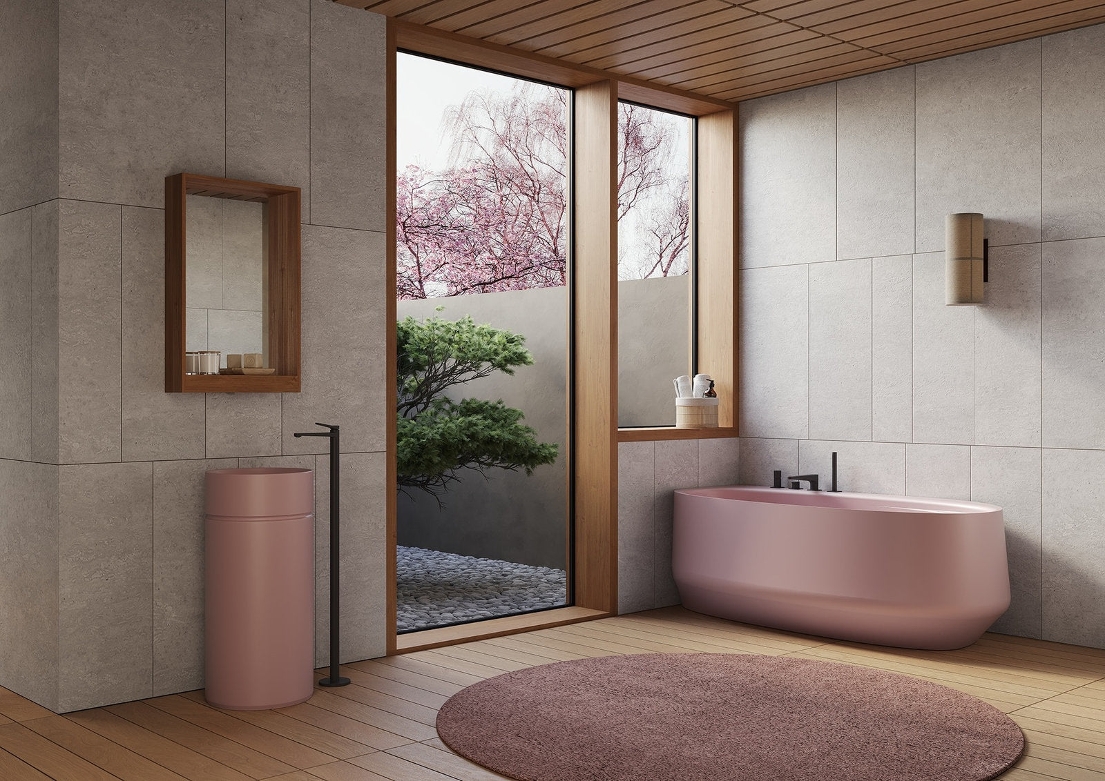Vasca corner IKI rosa in bagno giapponese con finestra zen, pavimento legno e rivestimenti pietra