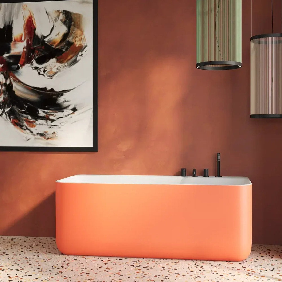 Vasca rettangolare parete Oasi Small arancione con rubinetteria nera a bordo vasca - Forma Aquae